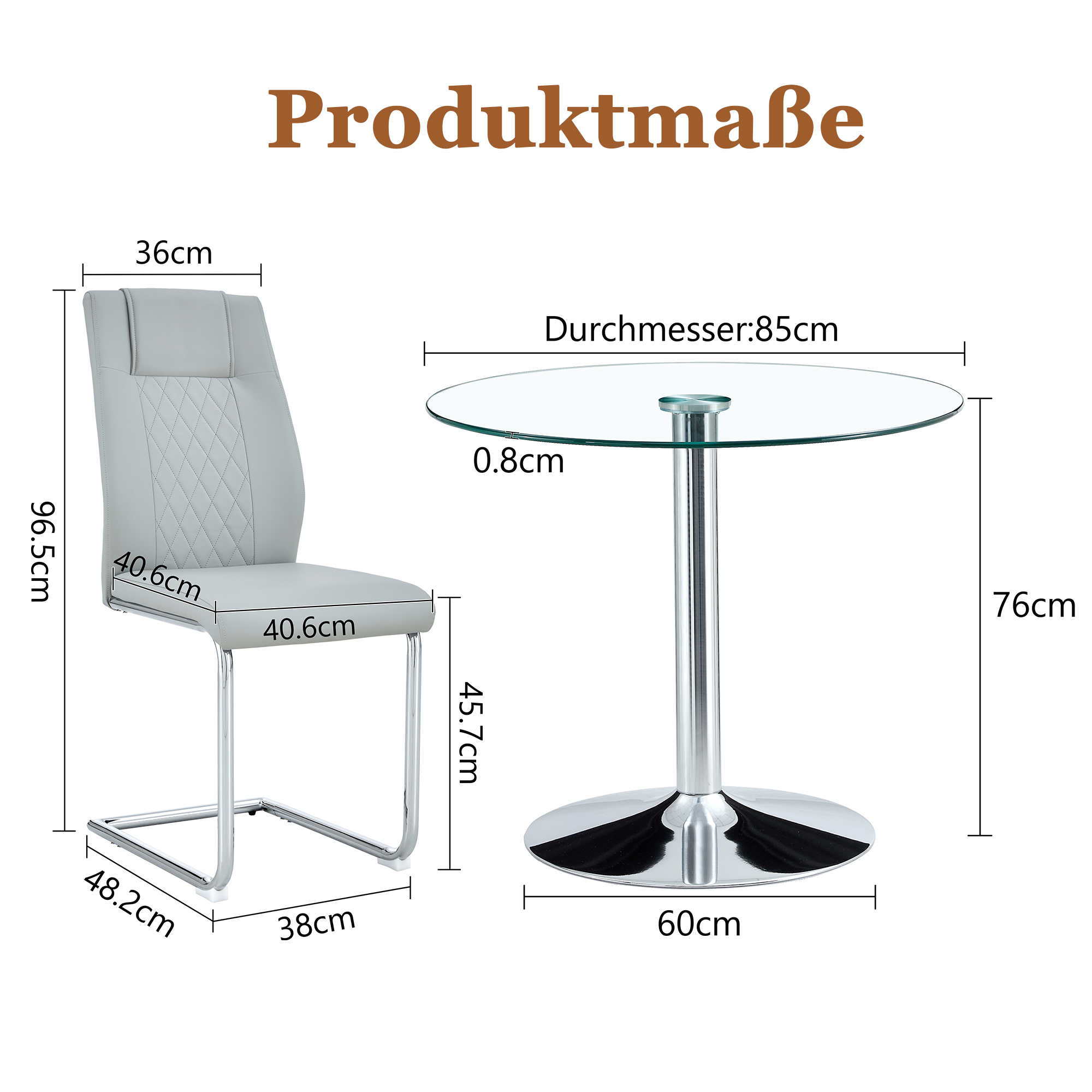 Dining Set 85cm Glass Table 4 Chairs Metal Legs - Light Grey PU