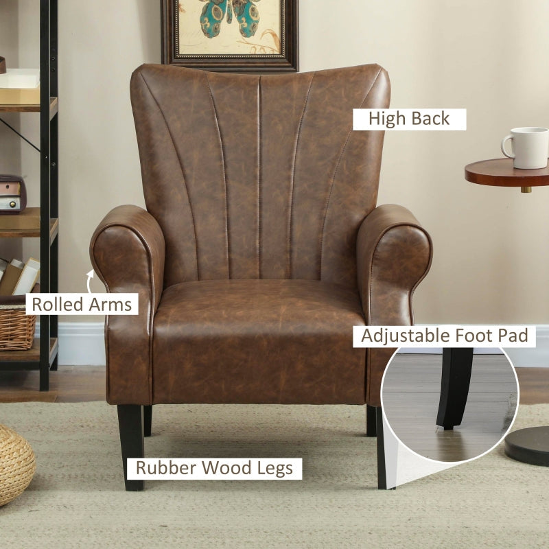 Upholstered Accent Chair with Rolled Arms and Wood Legs, Brown
