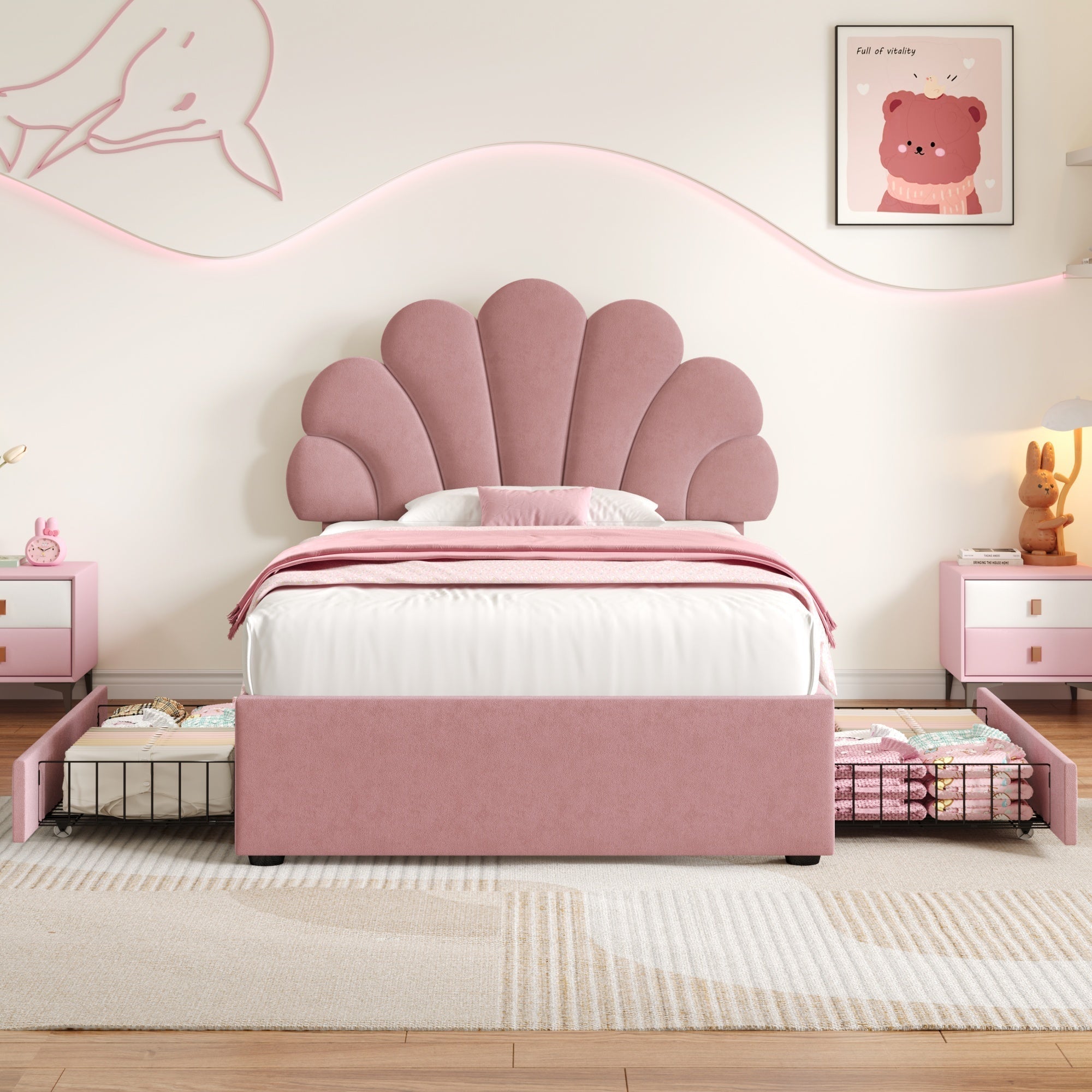 Adjustable Chic Petal Headboard 3ft Single Upholstered Bed with 2 Storage Drawers, Pink Velvet