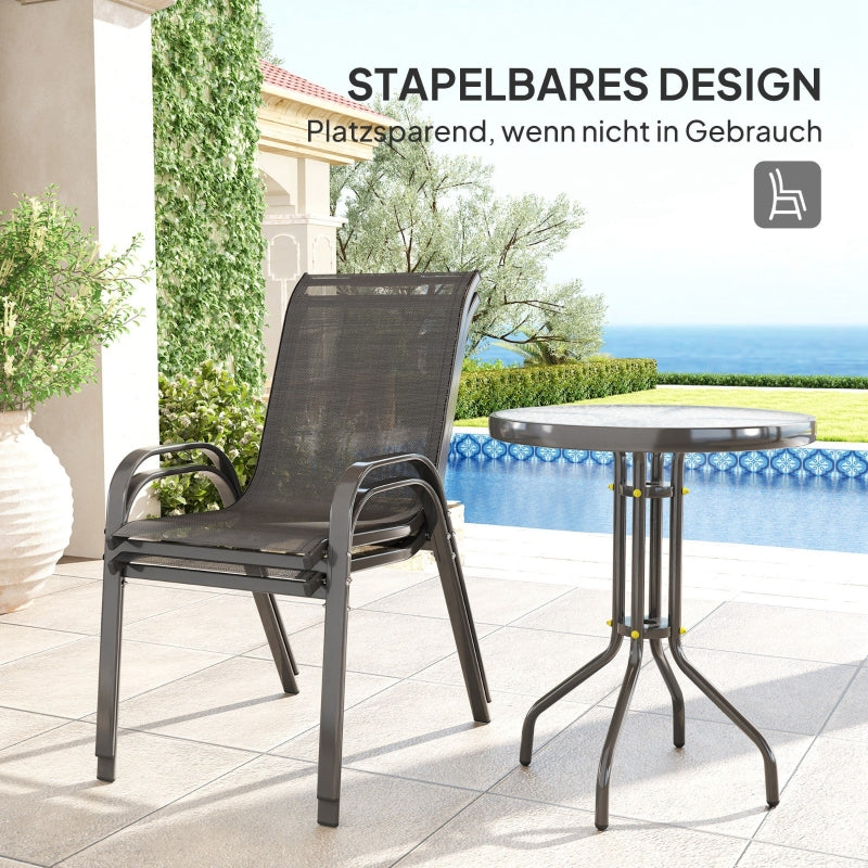 Bistro Set 3-Piece Weatherproof Glass Table Stackable Chairs - Black