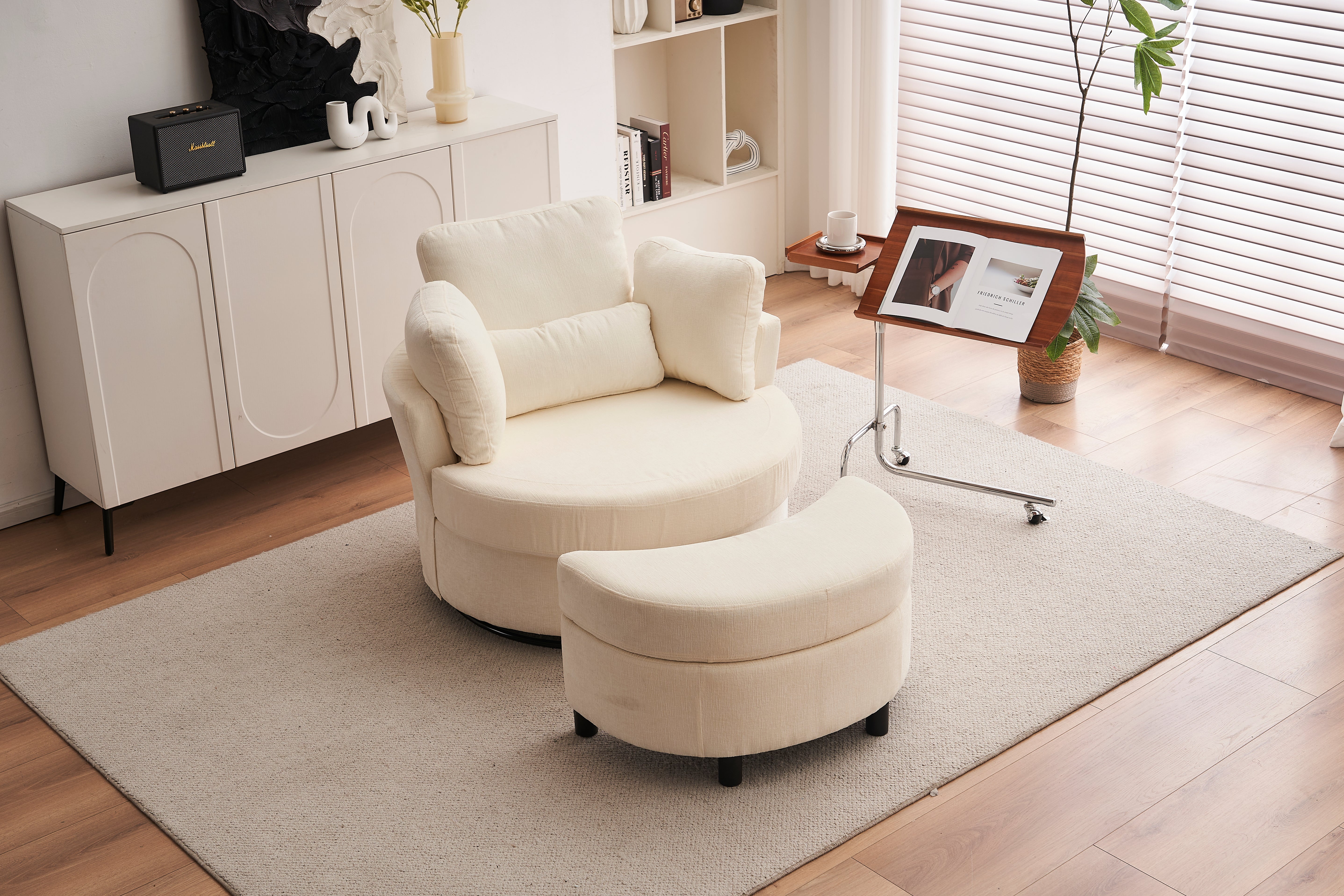 Chenille Swivel Armchair with 3 Back Cushion Pillow and Ottoman Crescent Stool, Ivory