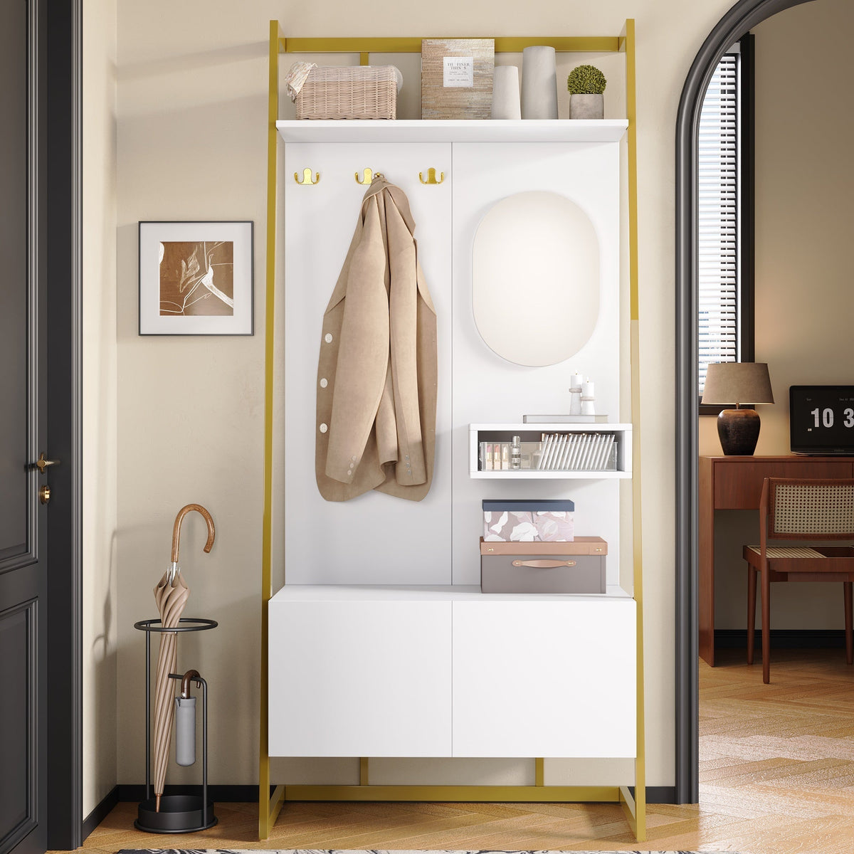 Wardrobe, Compact Multifunctional Storage with Mirror, Hooks & Shoe Bench