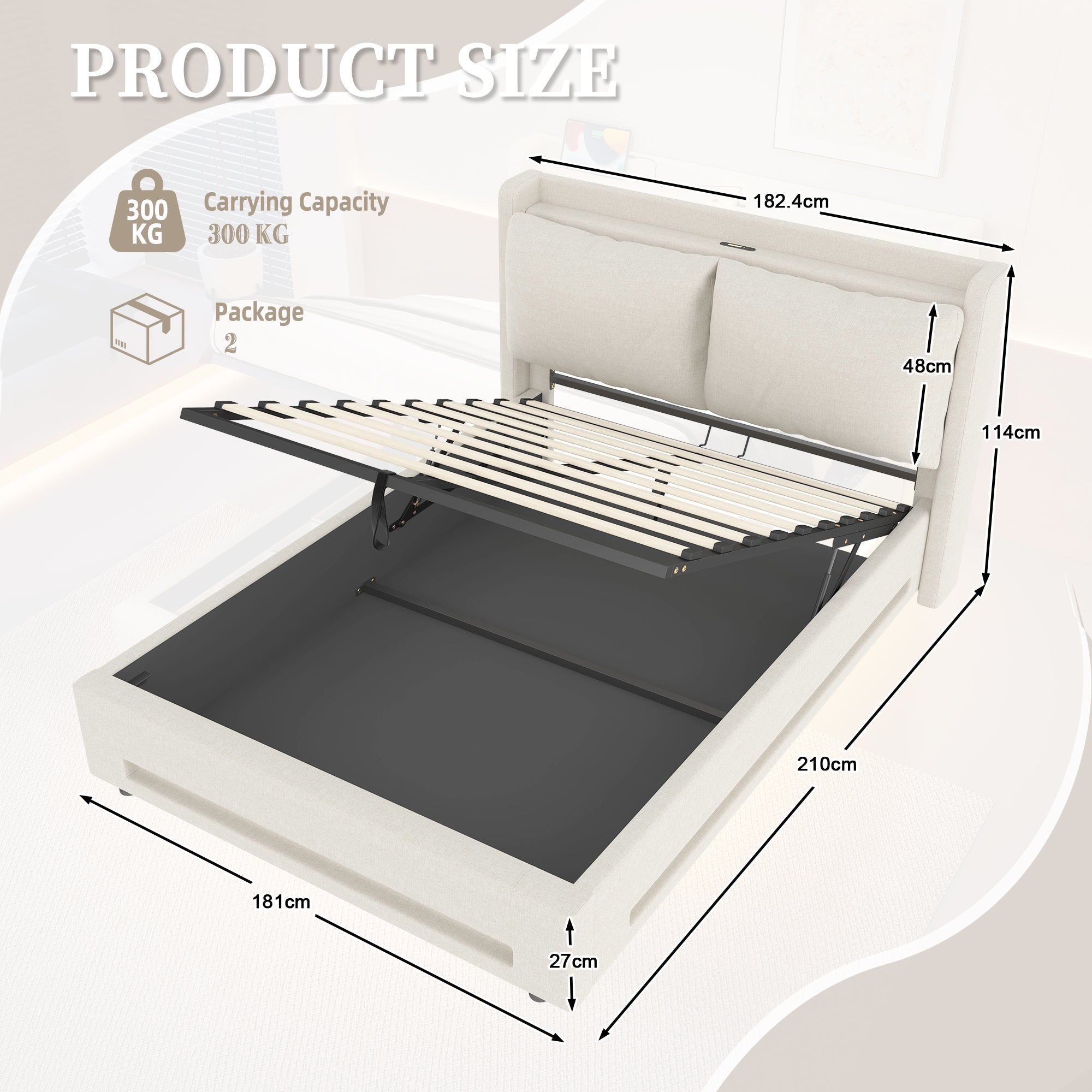 Modern Upholstered Bed with Storage, USB-C, LED Lights, 180x200 cm, Velvet