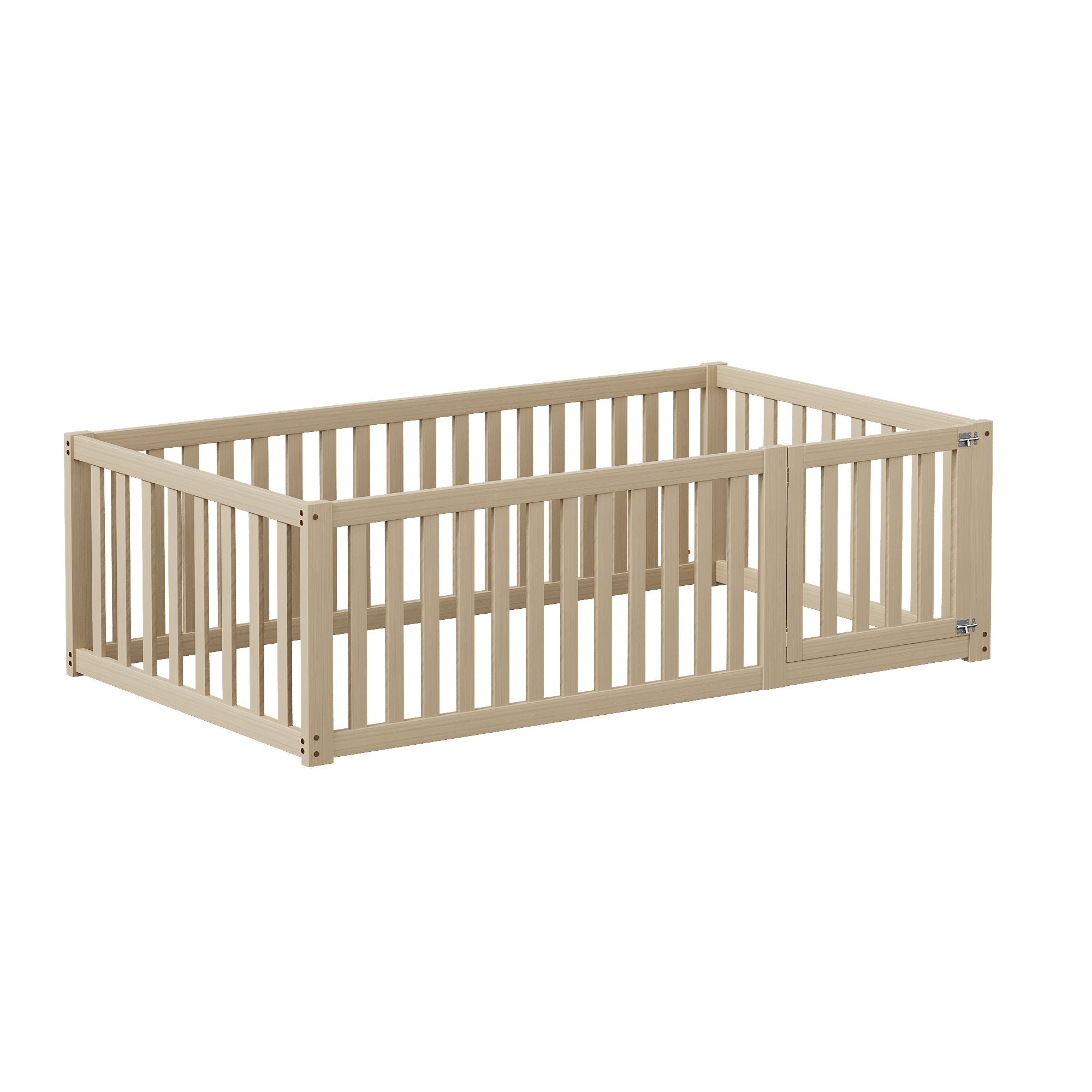 Children's bed 90 x 200, floor bed frame with fence and door, wood