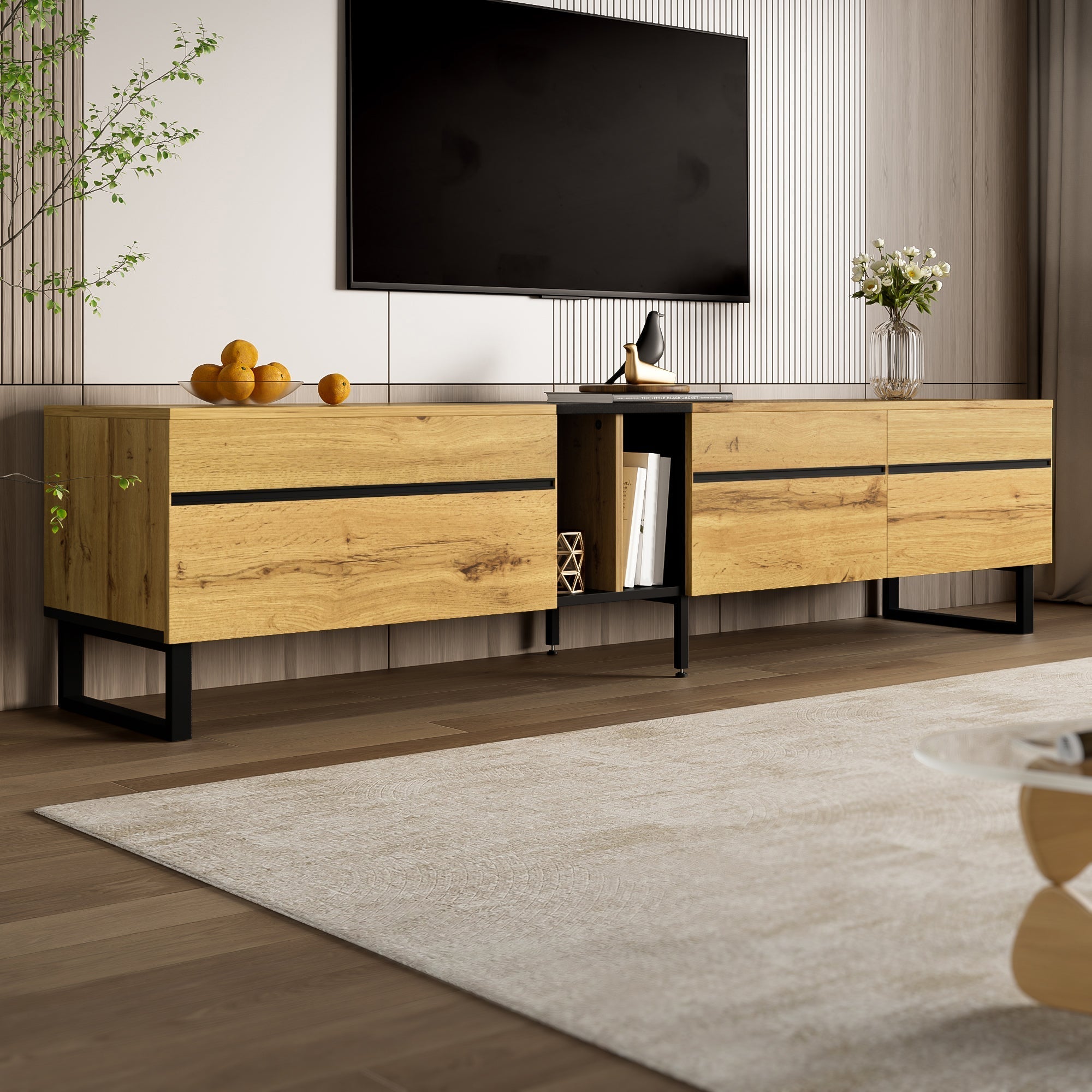 Modern TV Lowboard 180cm Drop-Down Open Shelves Double Doors
