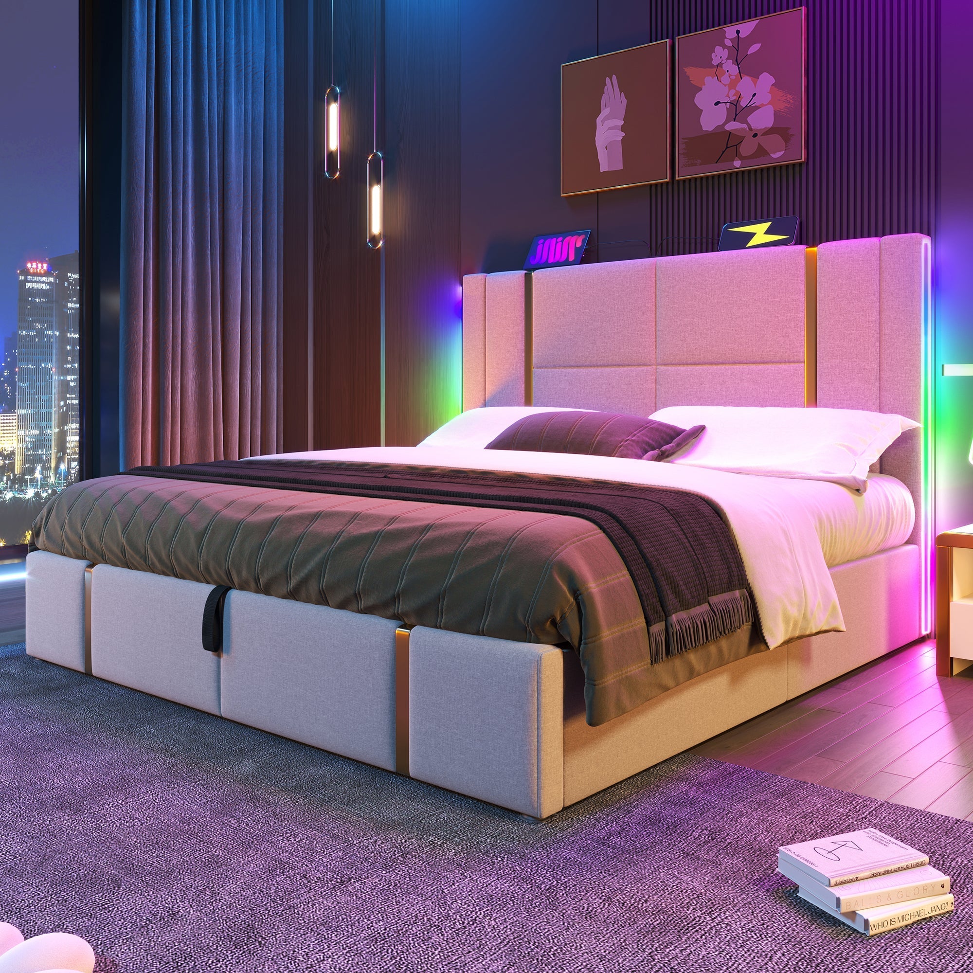 Upholstered Double Bed, 180x200cm, USB-C, APP Control, LED, Storage, Beige Linen