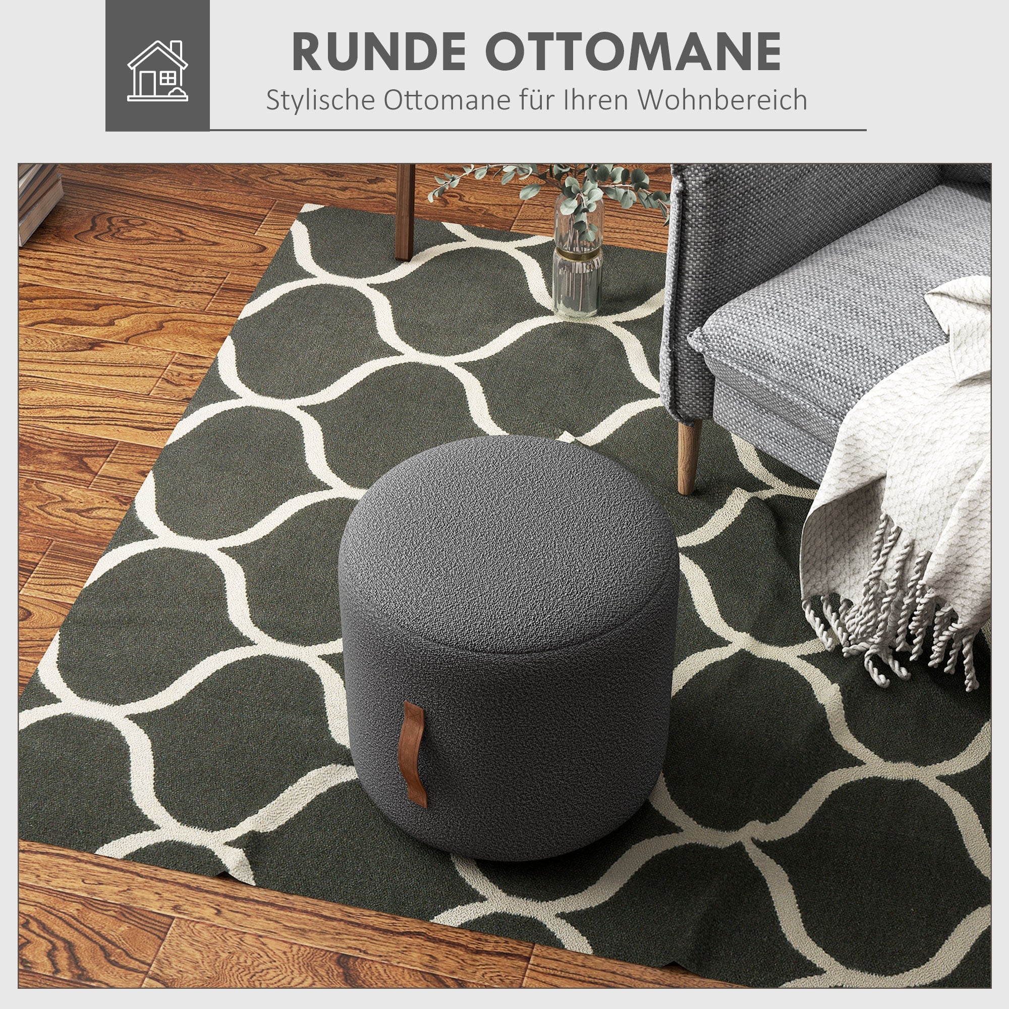 Round Ottoman/Stool Upholstered Footrest Handle Ø48x45cm, Dark Grey