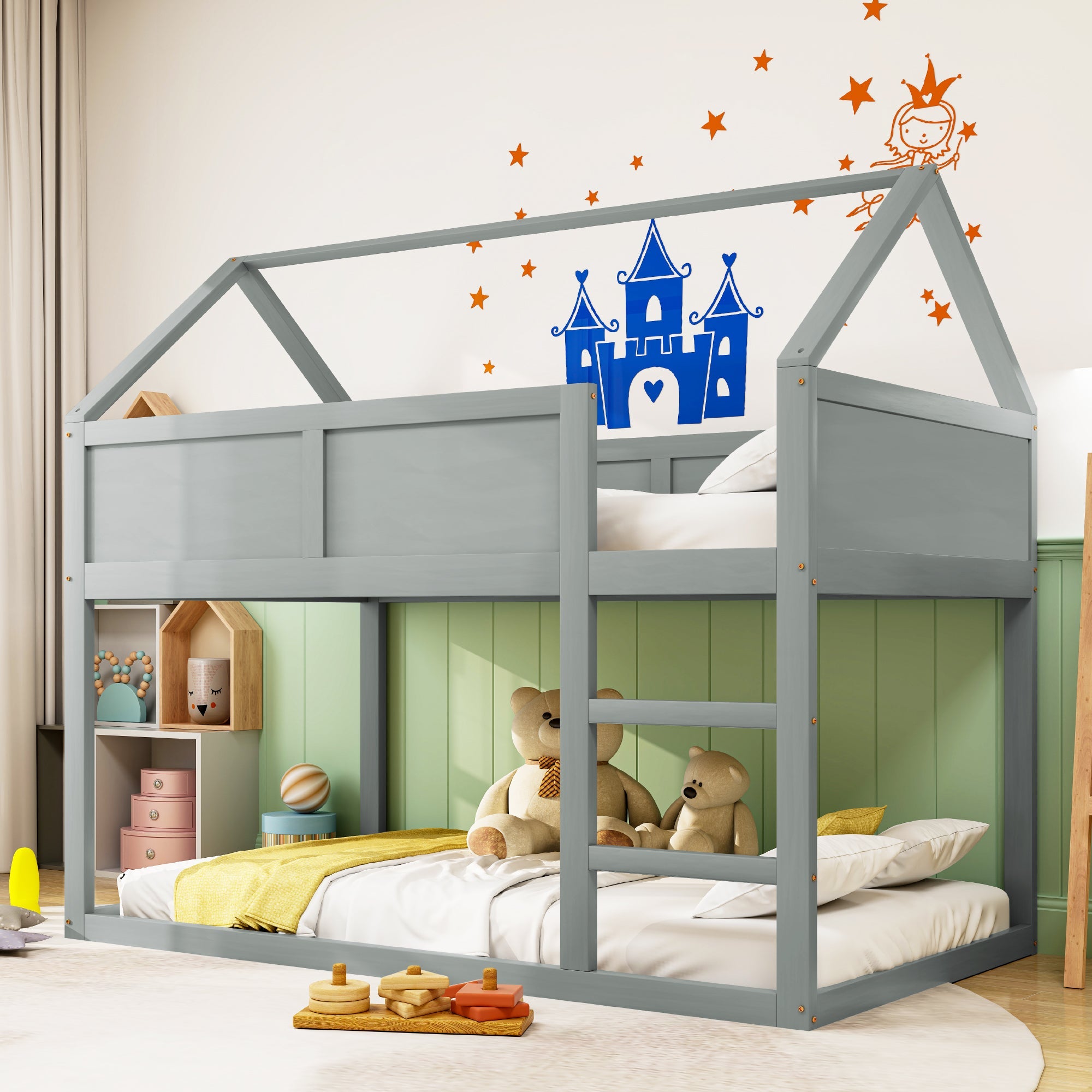 Bunk Bed, Low Single with Stairs, Solid Wood, Grey