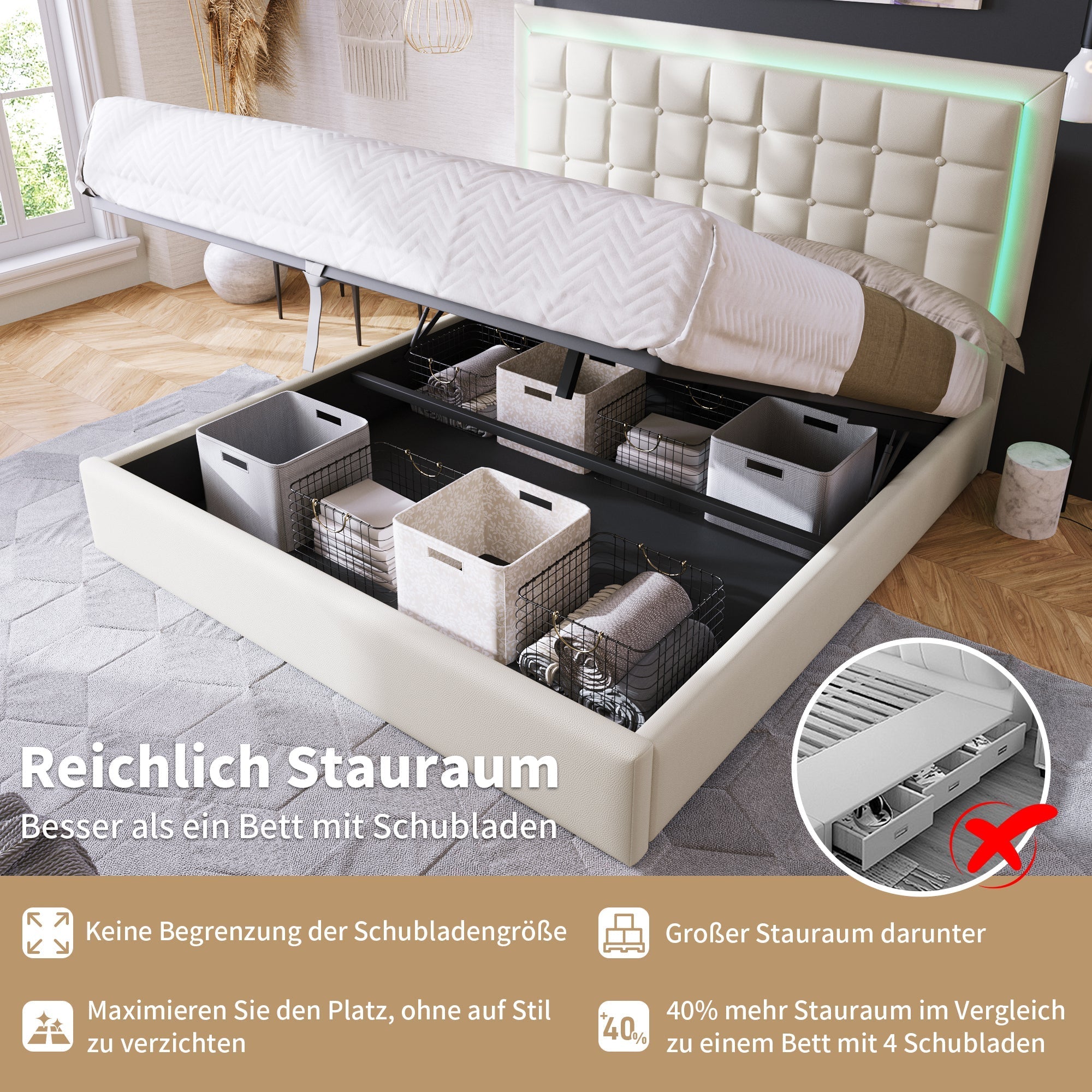 Upholstered Bed, 180x200cm LED Storage Double, White Artificial Leather