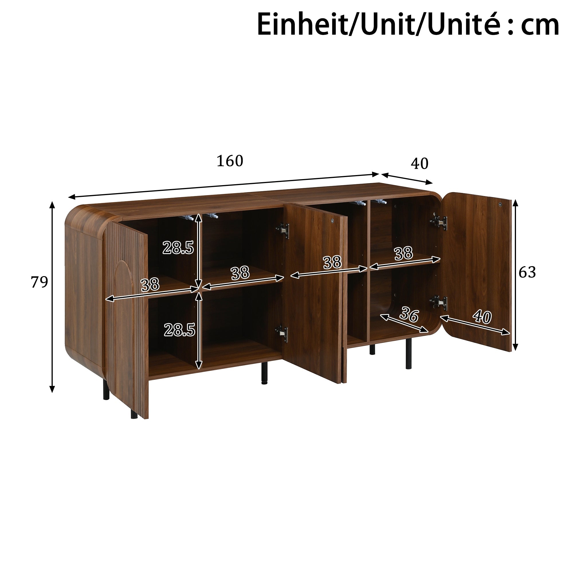 Mid-Century Sideboard with 4 Doors and 8 Compartments, Walnut Finish Wood and Metal