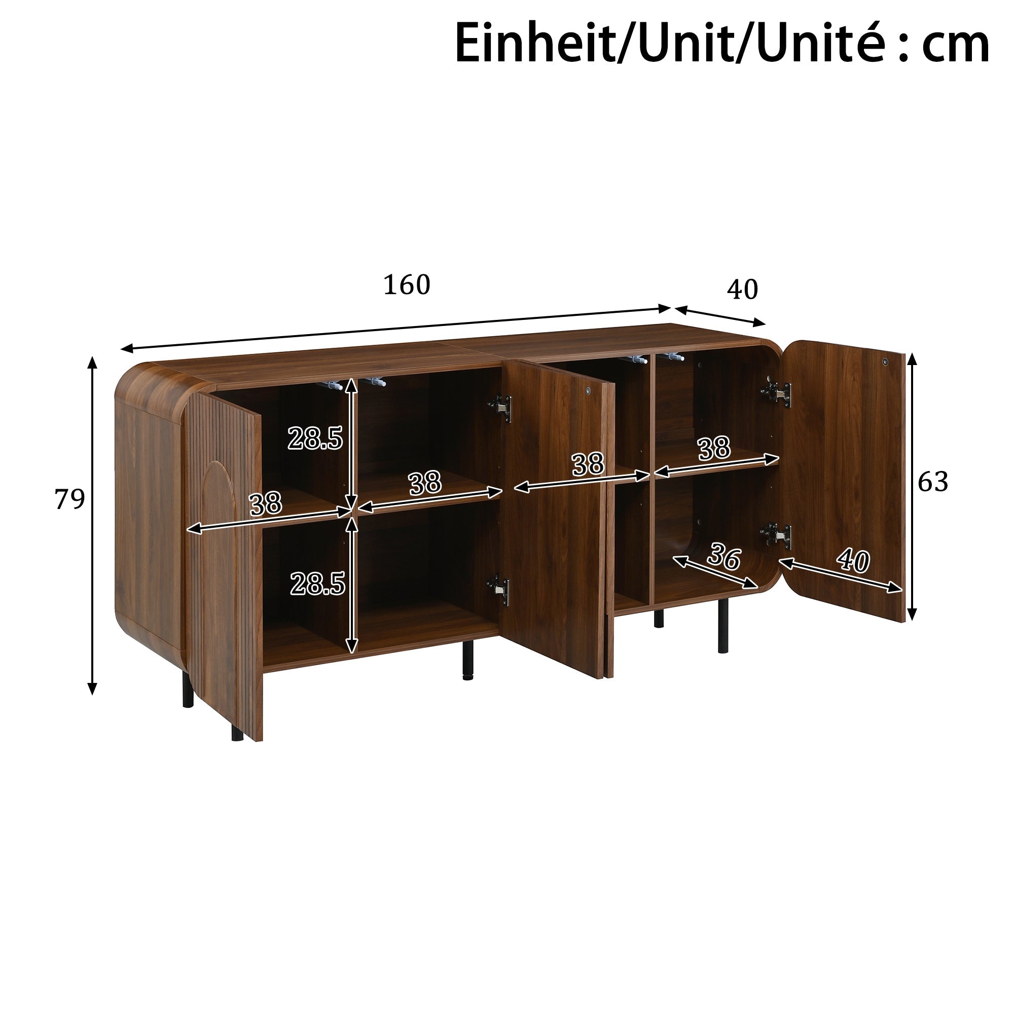 Mid-Century Sideboard with 4 Doors and 8 Compartments, Walnut Finish Wood and Metal