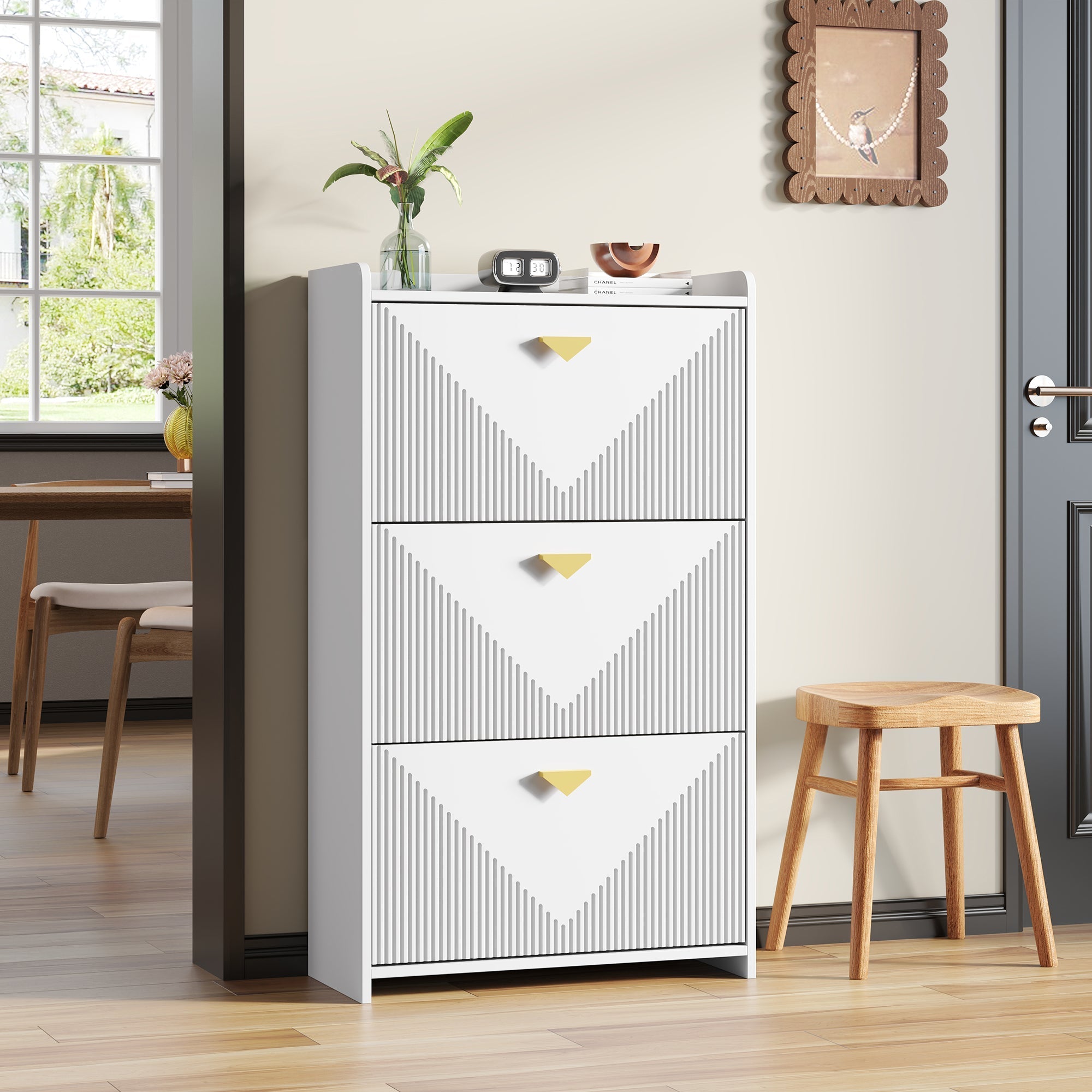 Shoe Cabinet 70x30x120cm 3 Drop-Down Doors Adjustable Width - White MDF