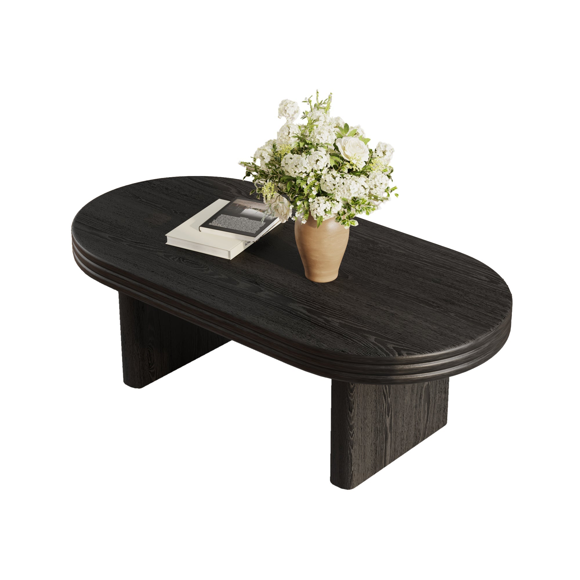 Mid Century Modern Oval Fluted Coffee Table Rustic Wood - Black