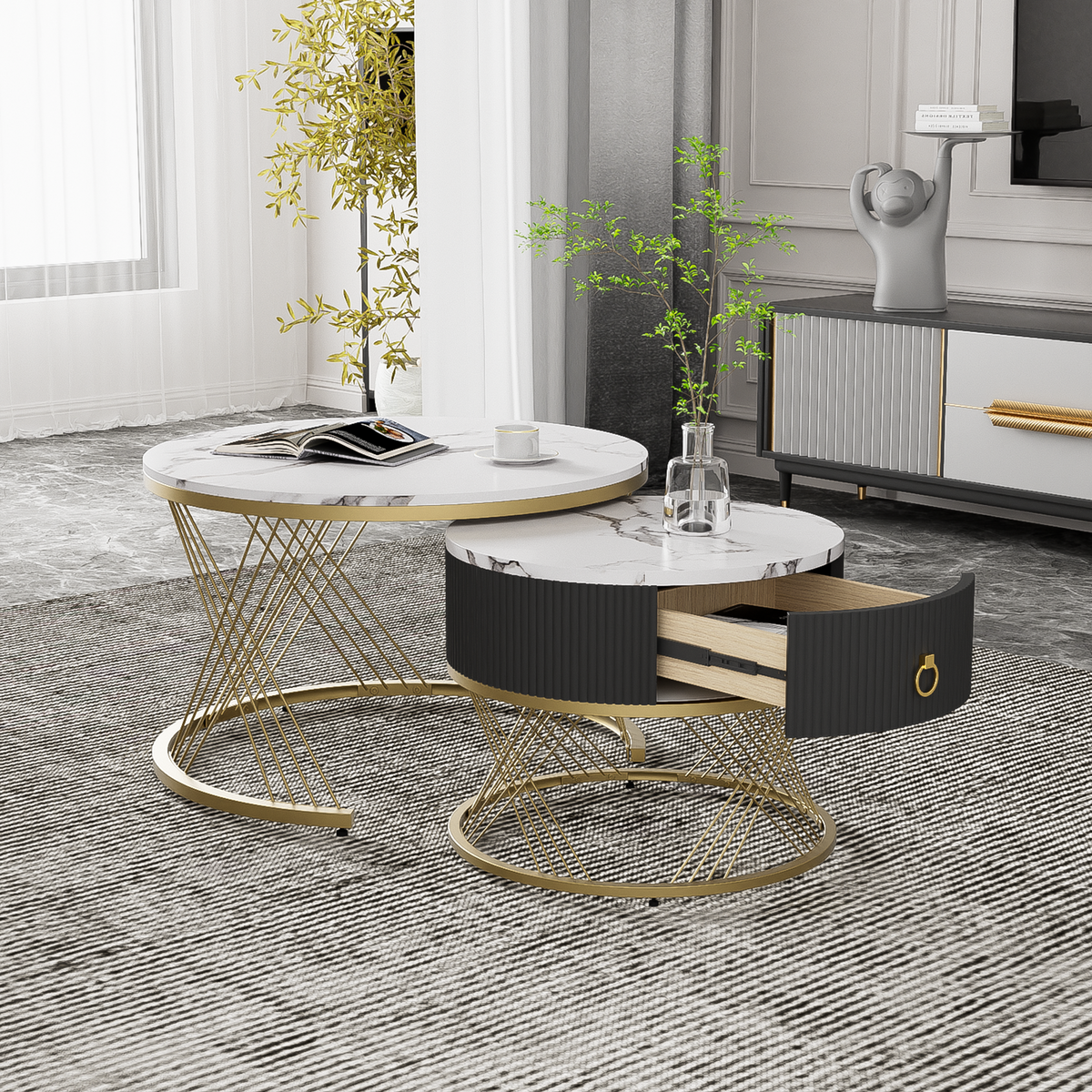 Modular Coffee Table Set of 2, Marble Look Drawers Gold Decor