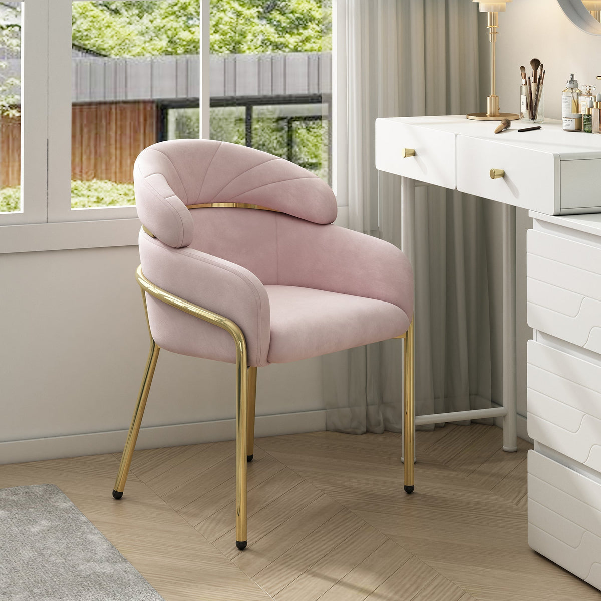 Dining Chair Single Light Luxury with Metal Legs Velvet Pink