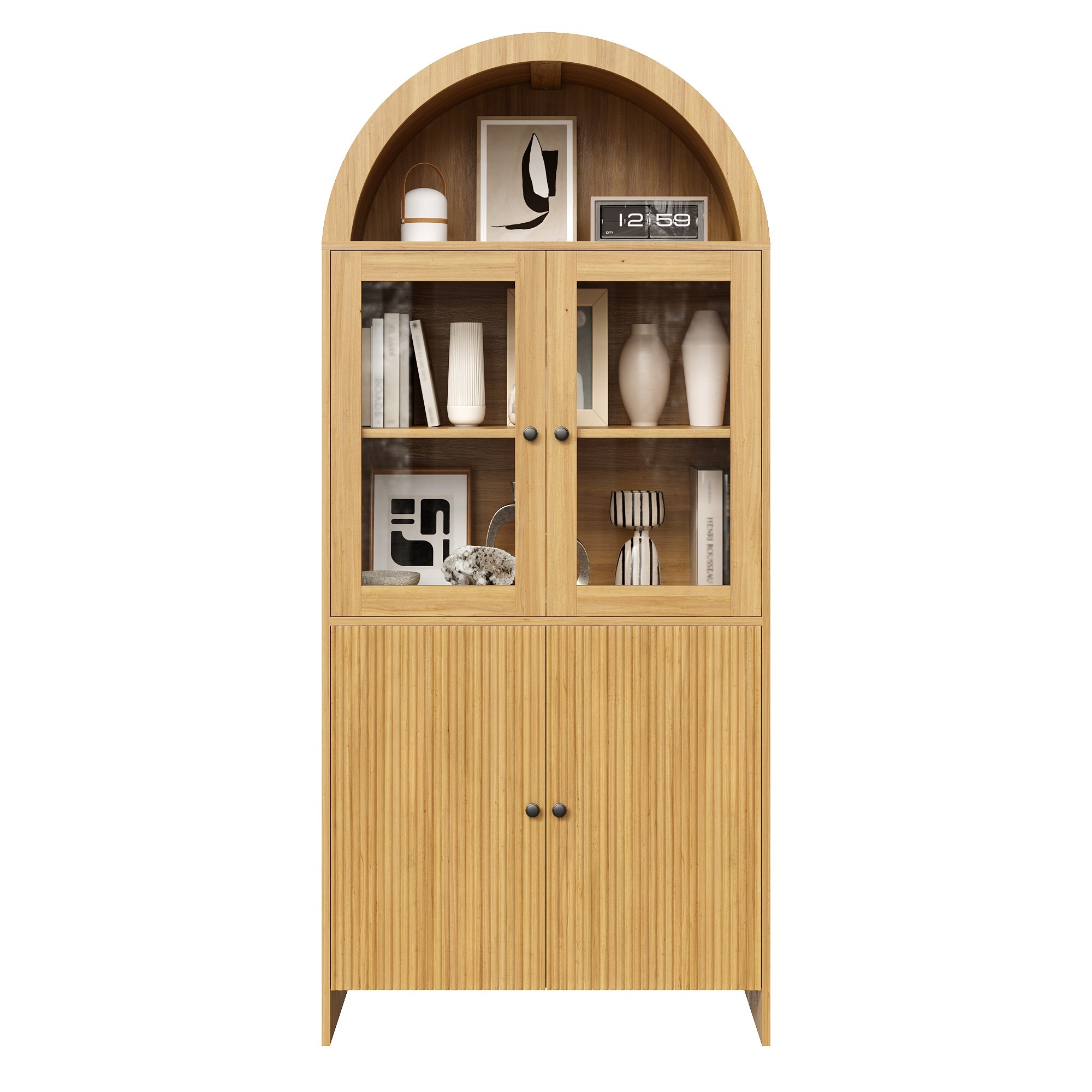 Sideboard with Arched Top, Glass Doors and Wave Pattern Storage Cabinet, Wood