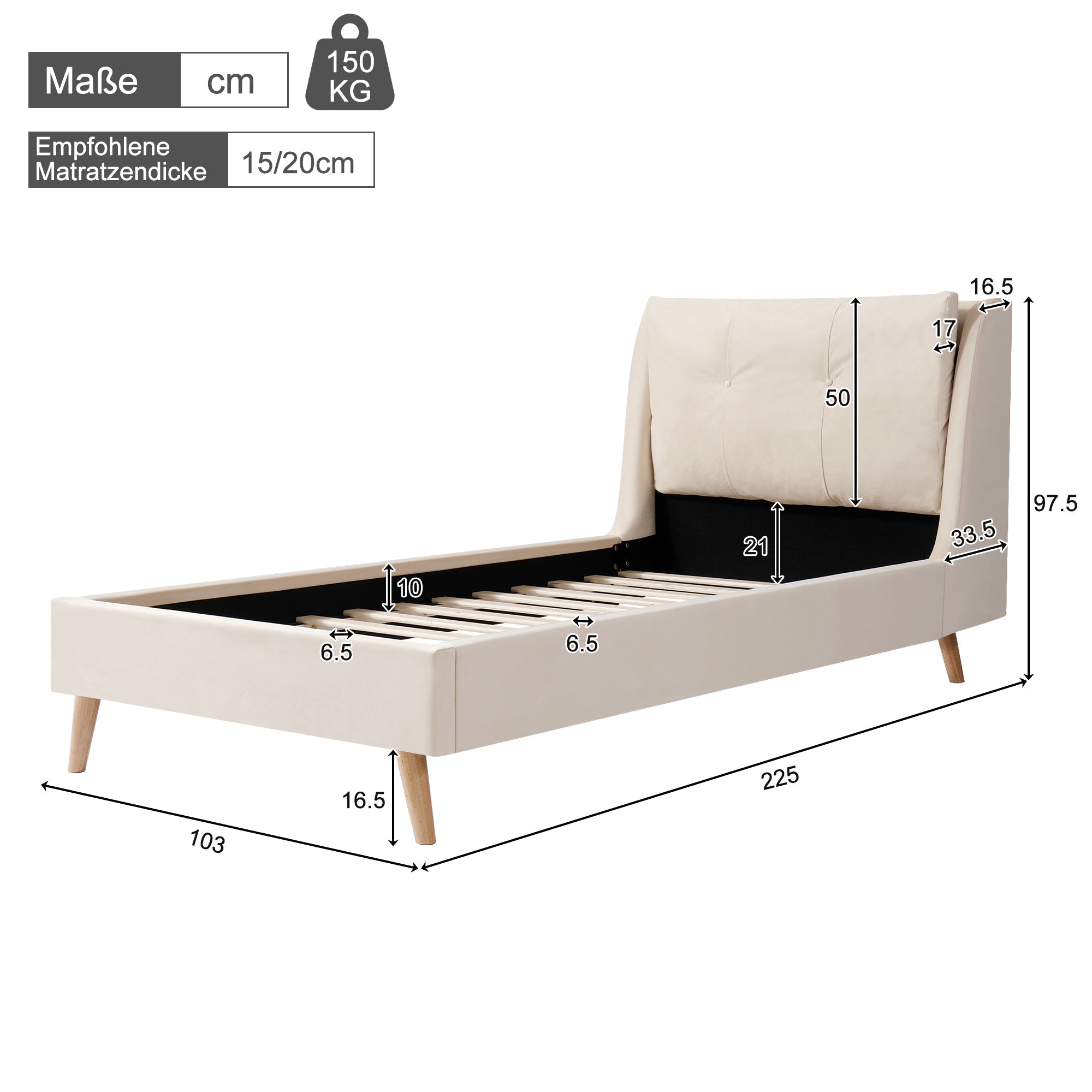 Upholstered Single Bed 90 x 200cm with Slatted Base and Solid Wood Legs, Beige Velvet