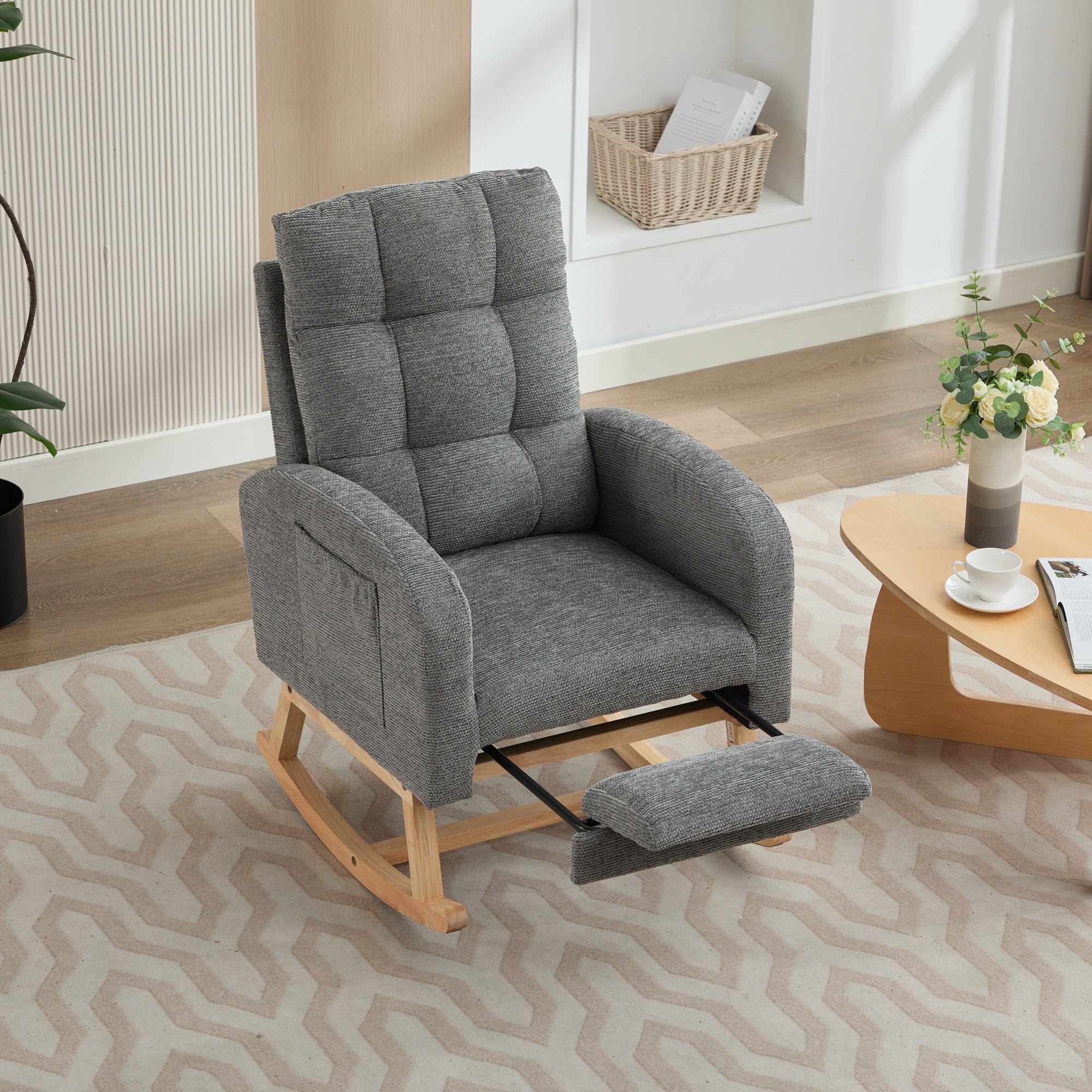 Rocking Chair with Adjustable Footrest, Solid Wooden Legs, Lounge Armchair, Grey Waffle Fabric