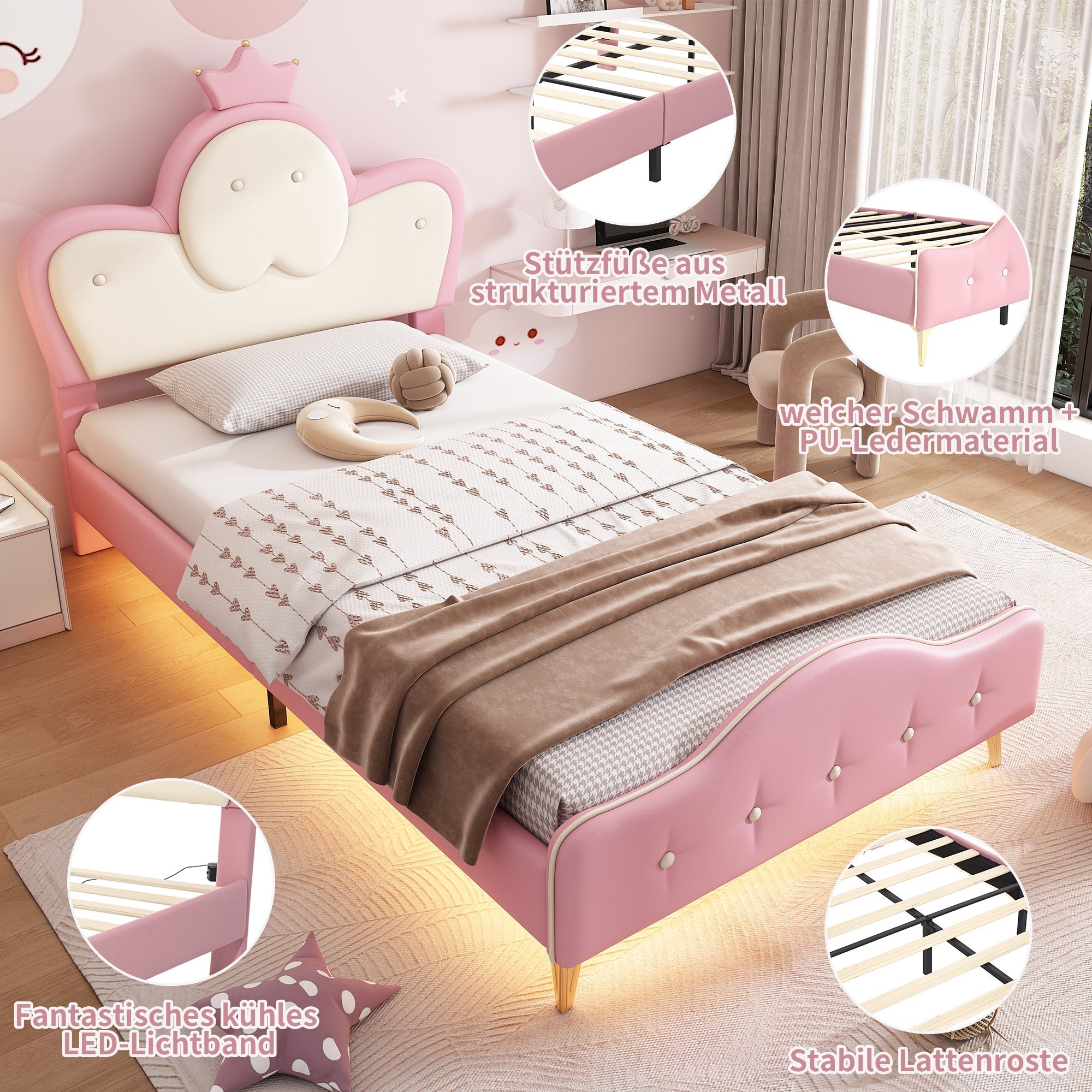 Upholstered Children's Bed with Crown Headboard, LED Strip, PU, Pink + White