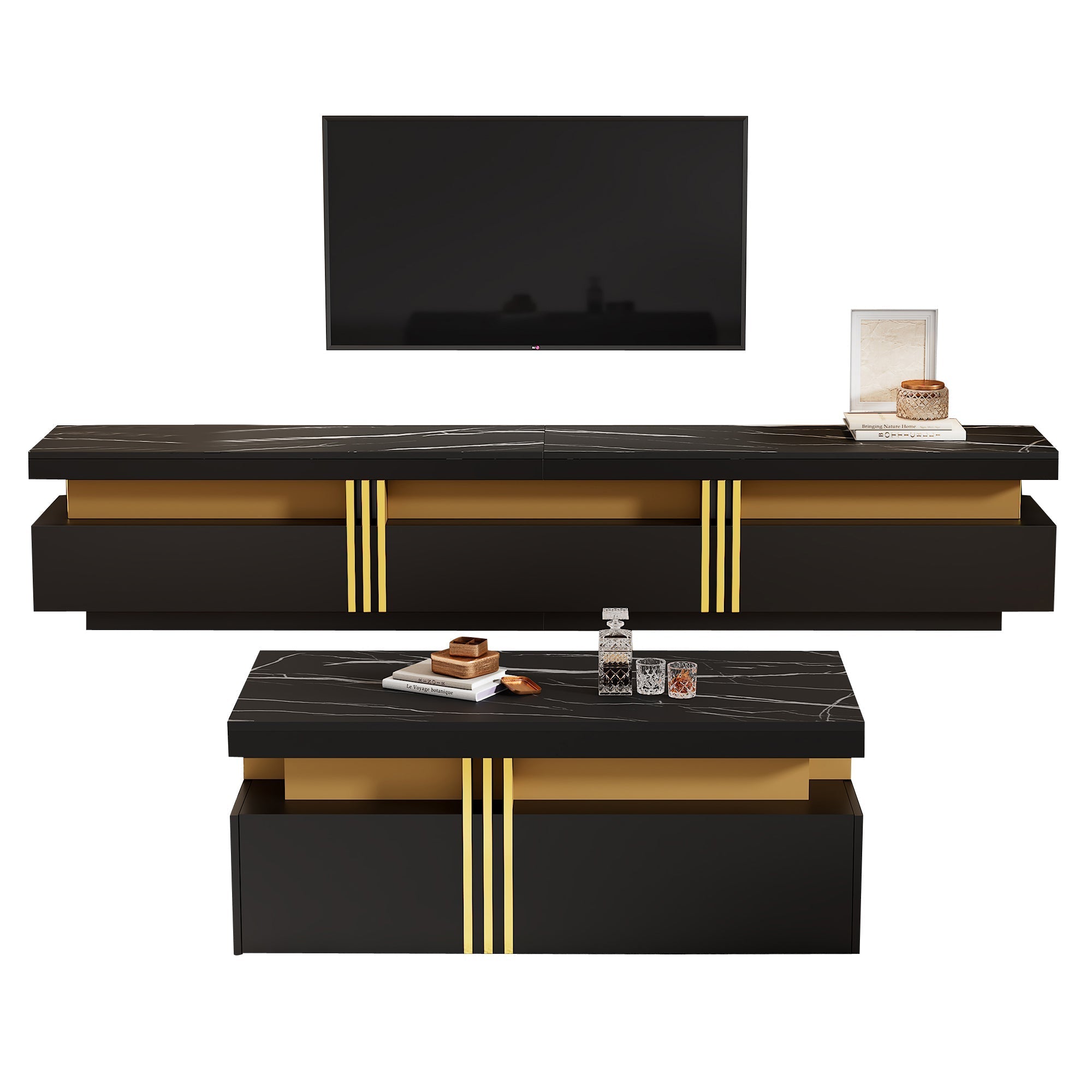 TV Wall Combination, Multifunctional Cabinet with Coffee Table, Black
