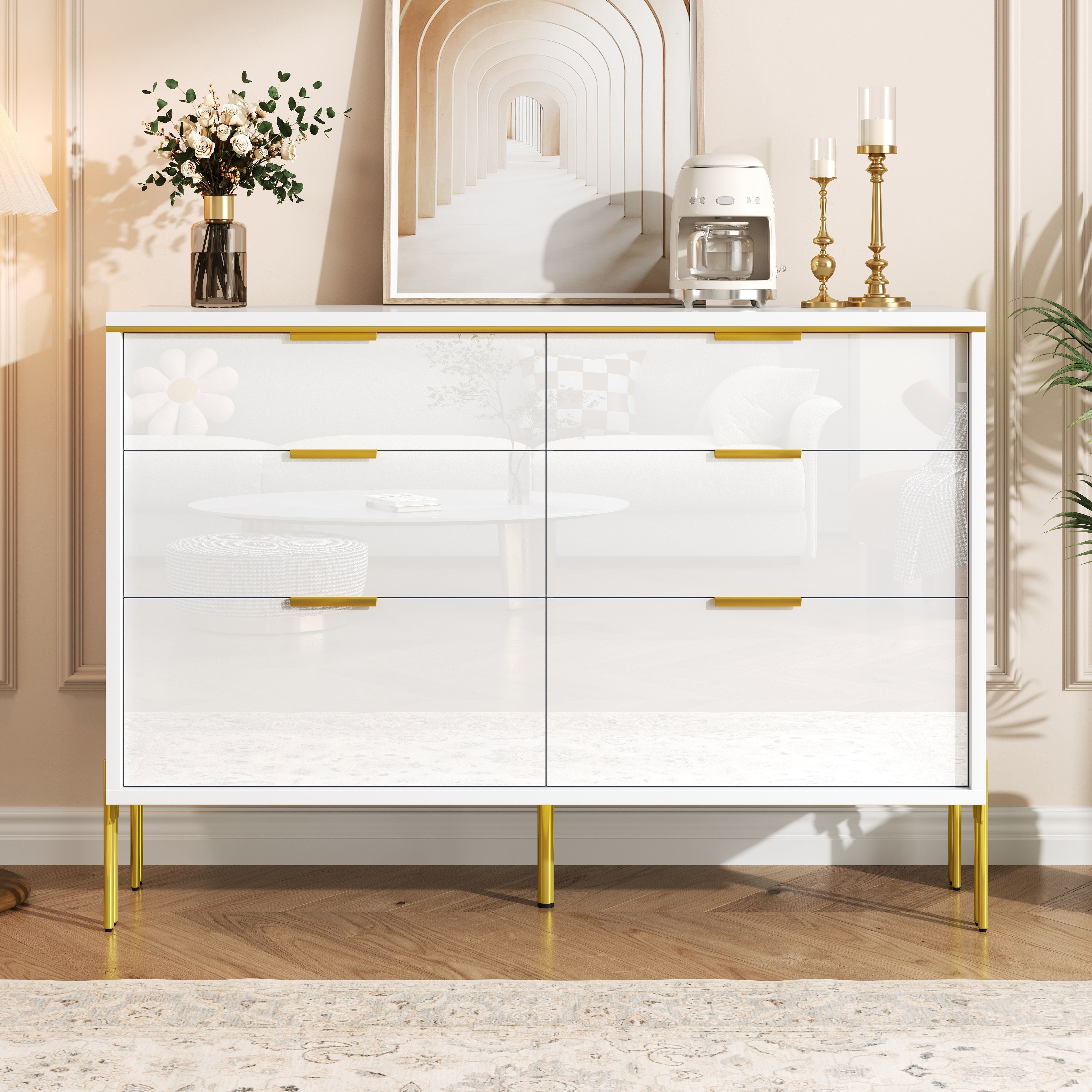Sideboard Cabinet Modern 6 Drawers High-Gloss - White and Gold