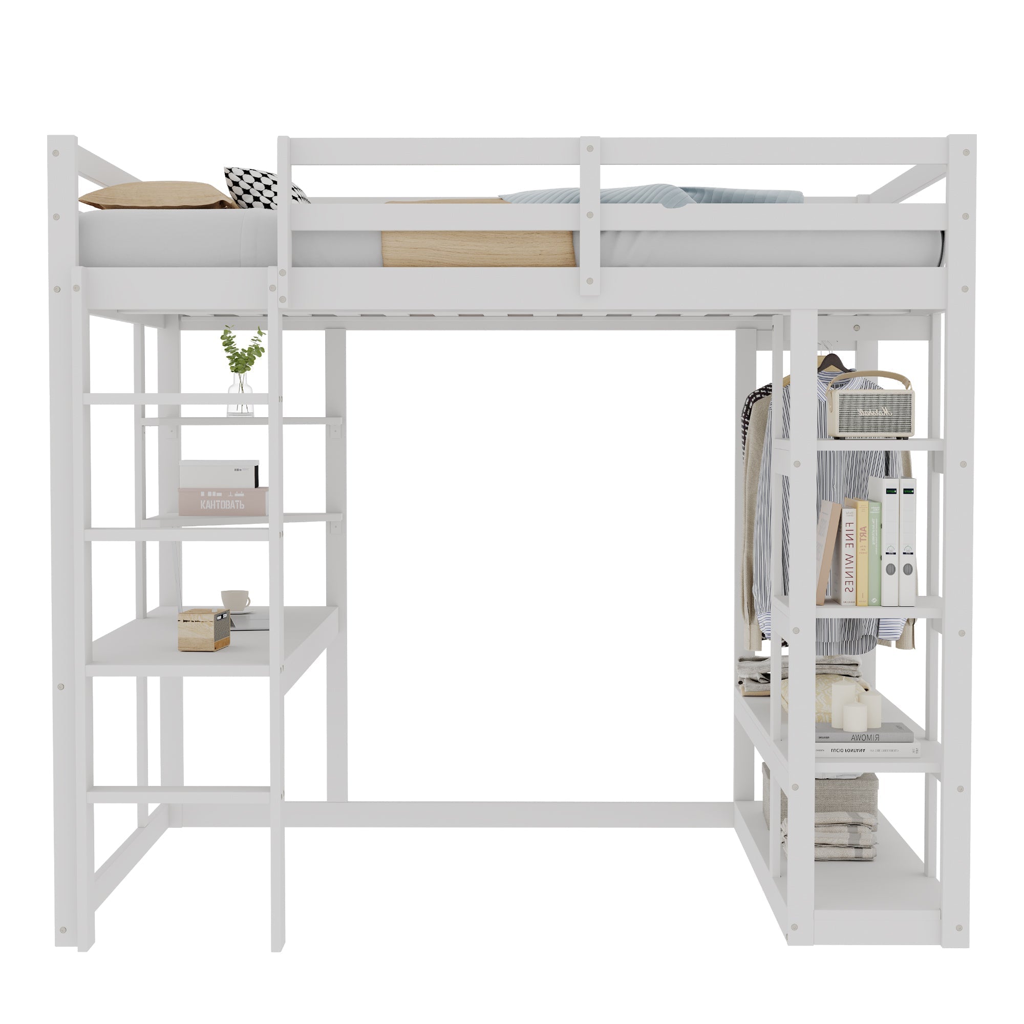 Loft Bed with Desk and Shelves, Solid Wood White and Grey
