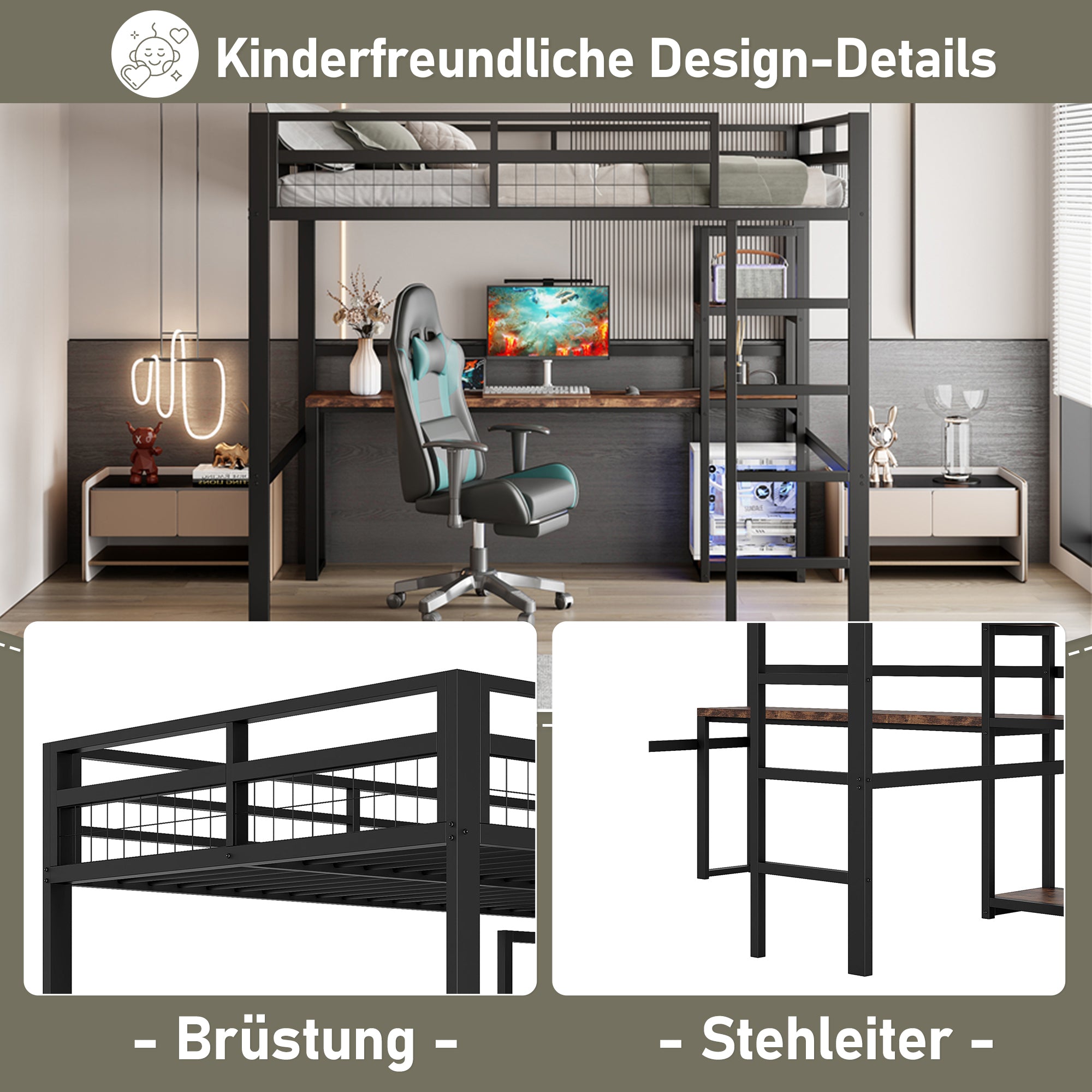 Loft Bed 140x200cm Iron Frame Desk Shelves Power USB/Type-C - Black