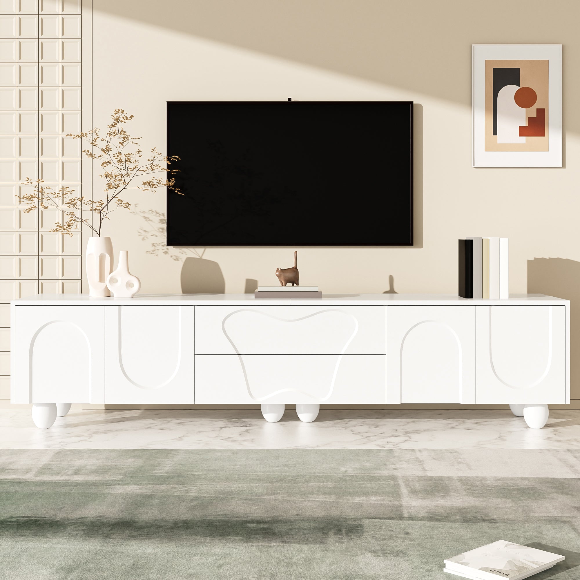 TV Cabinet, Minimalist Elegant with Storage, Wooden Legs White