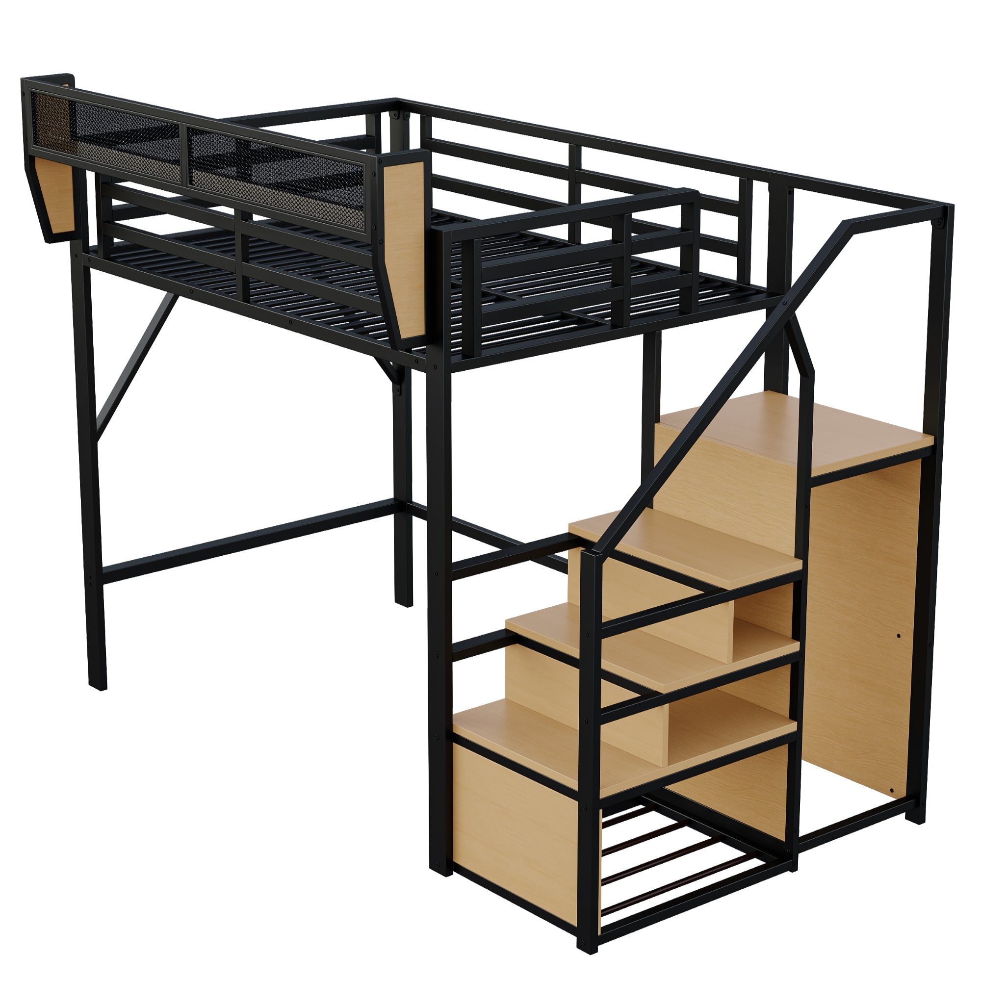 Loft Bed 140x200 Safety Ladder Flexible Storage Metal Black