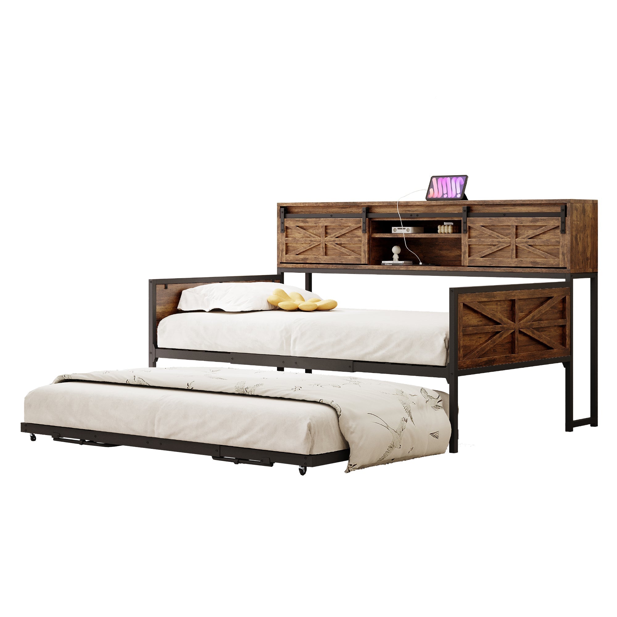 Sofa Bed, Pull-out with Storage & Sockets, Iron Black + Brown