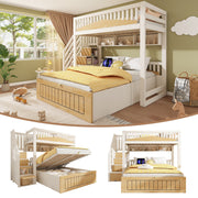Children's Wooden Bunk Bed 90x200 & 140x200 cm with Hydraulic Storage and USB-C Port, White and Natural