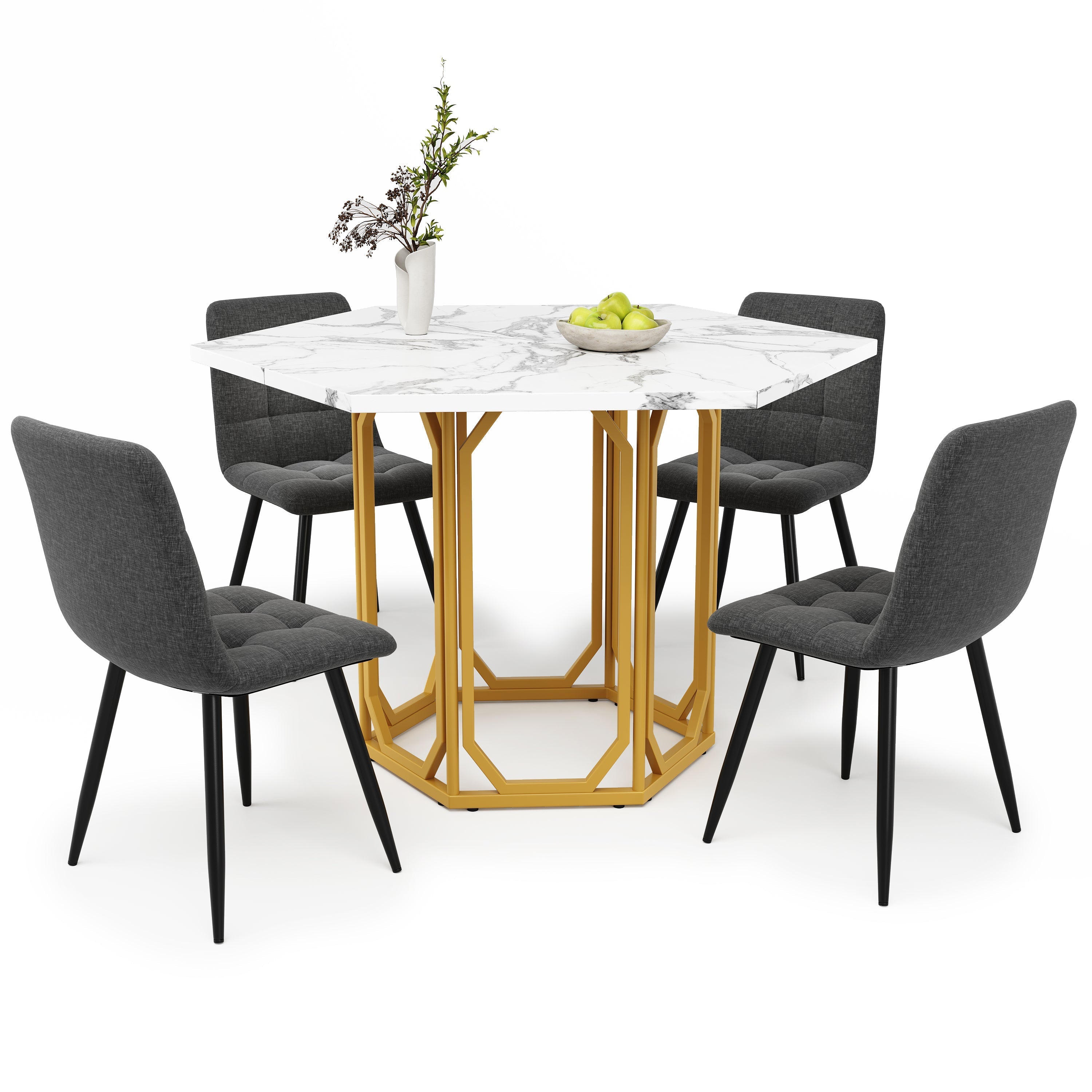 Dining Set 5-Piece Hexagonal Marble Top - Grey