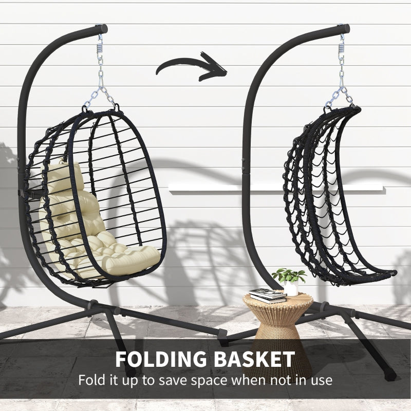 Rattan Hanging Egg Chair, Foldable Adjustable Height with Stand, Cream White