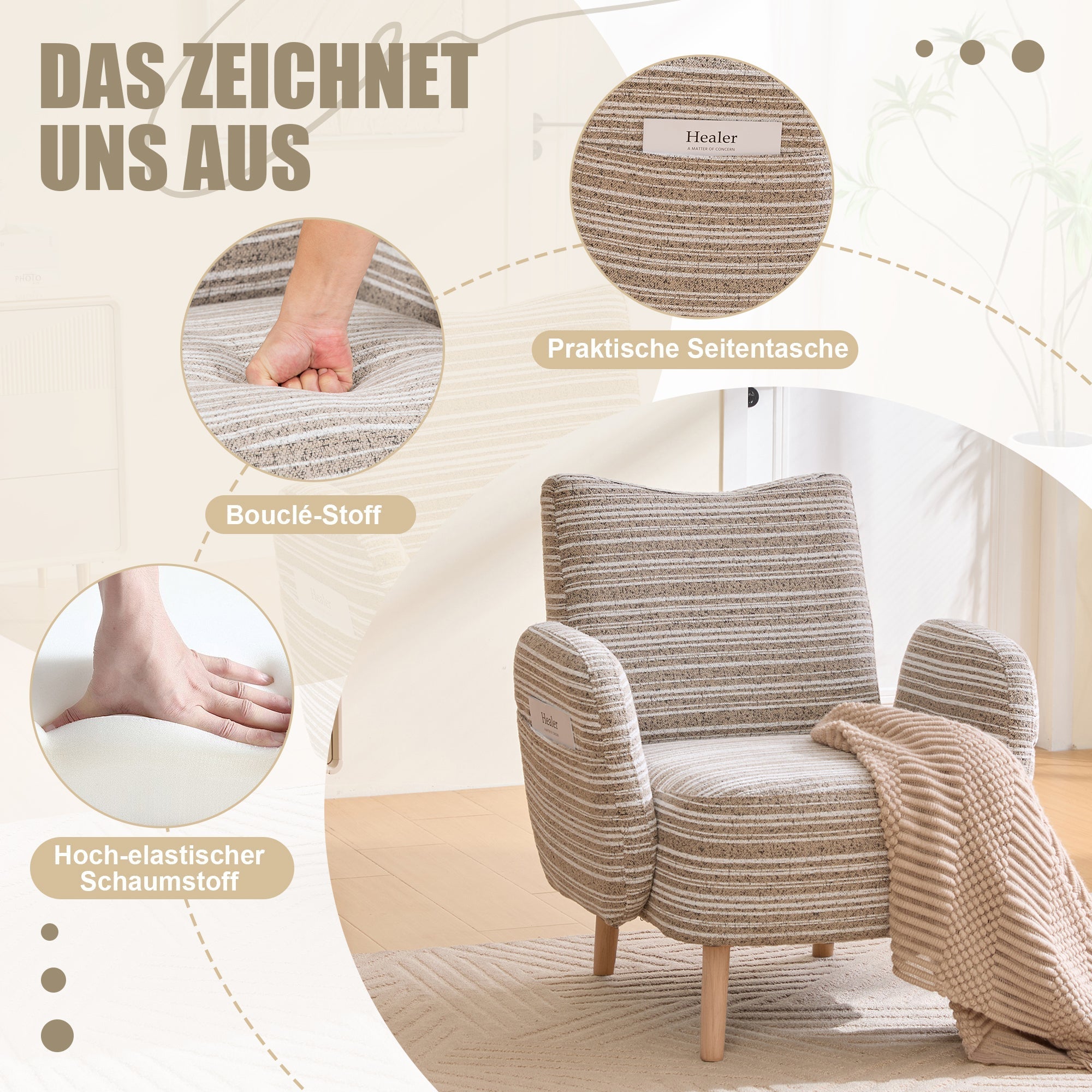 Modern Armchair with Side Pocket and Solid Wood Legs, Fabric with Circular Pattern