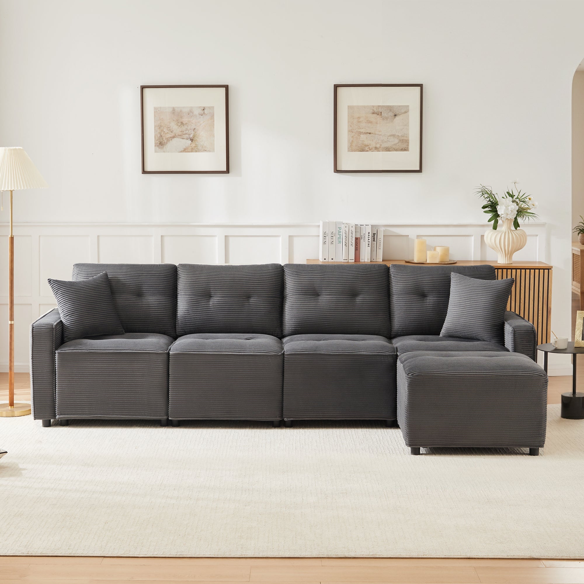 4-Seater Sofa with Storage and Ottoman, Grey Corduroy