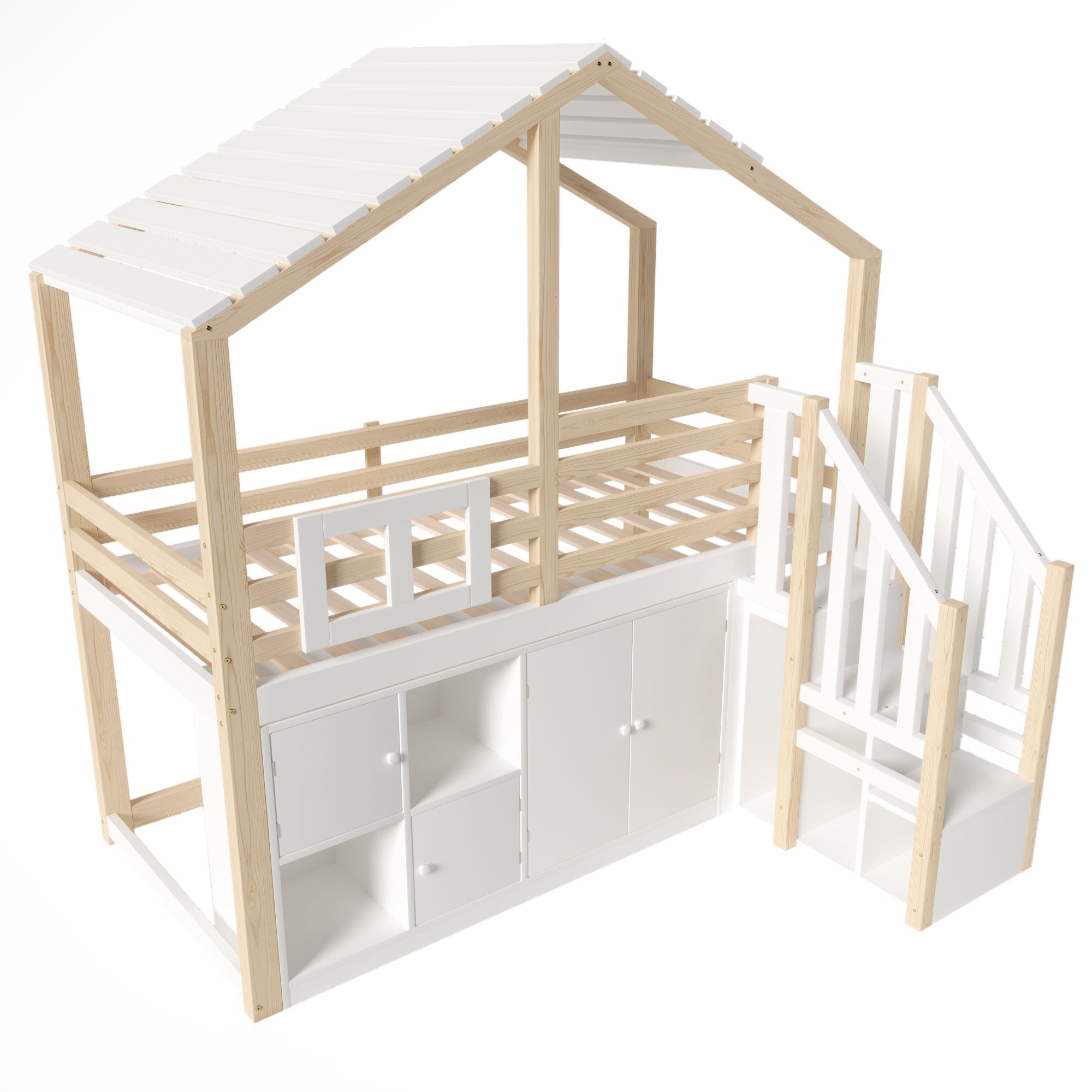 Loft Bed 90x200cm House Design Storage Ladder Lockers - White/Natural