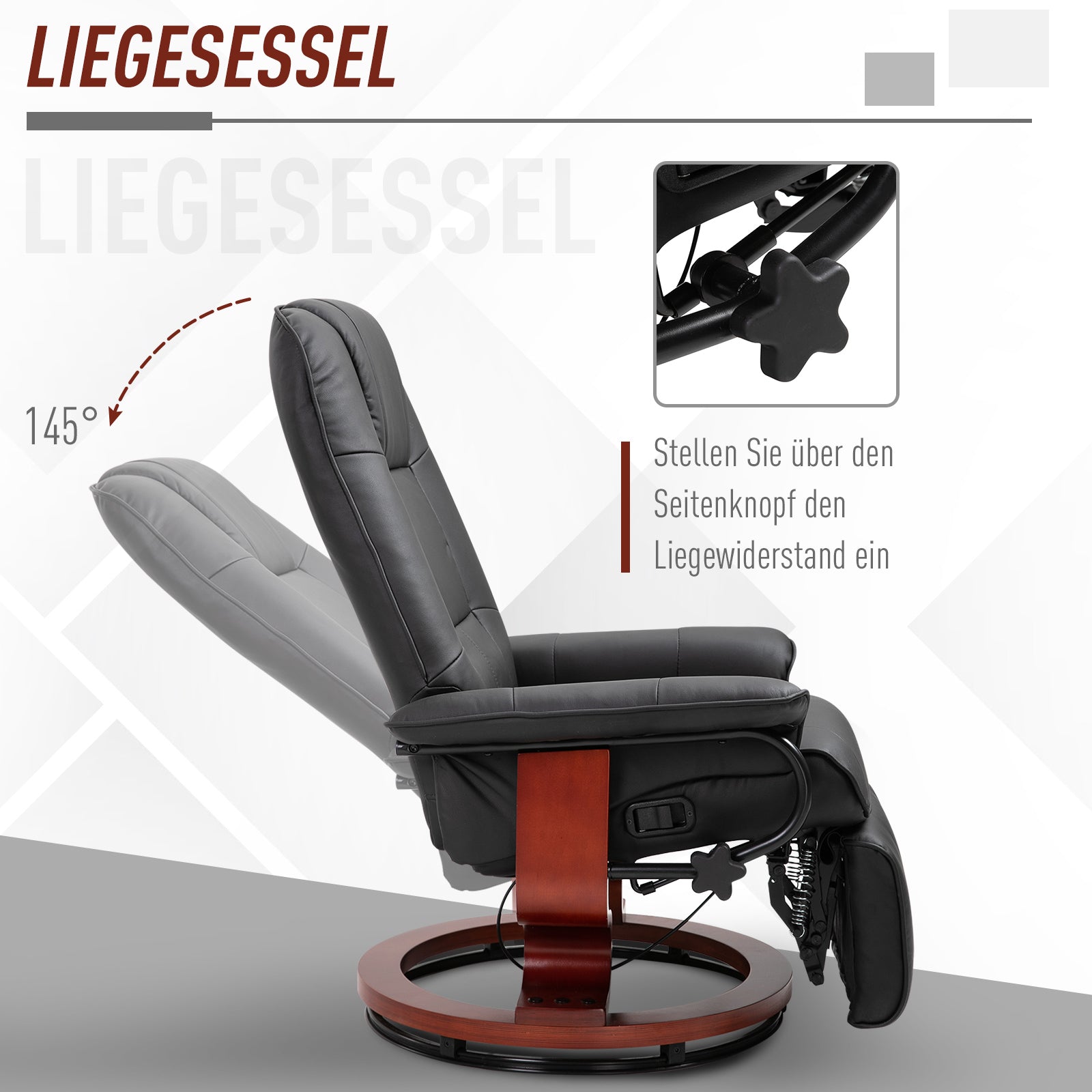 Recliner Chair TV with Footrest 360° Swivel Wooden Base Faux Leather Black