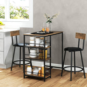 Bar Table with Bar Stool Set, 3-Piece, 3 Shelves, 2 Stools, Modern Style, Steel/Oak