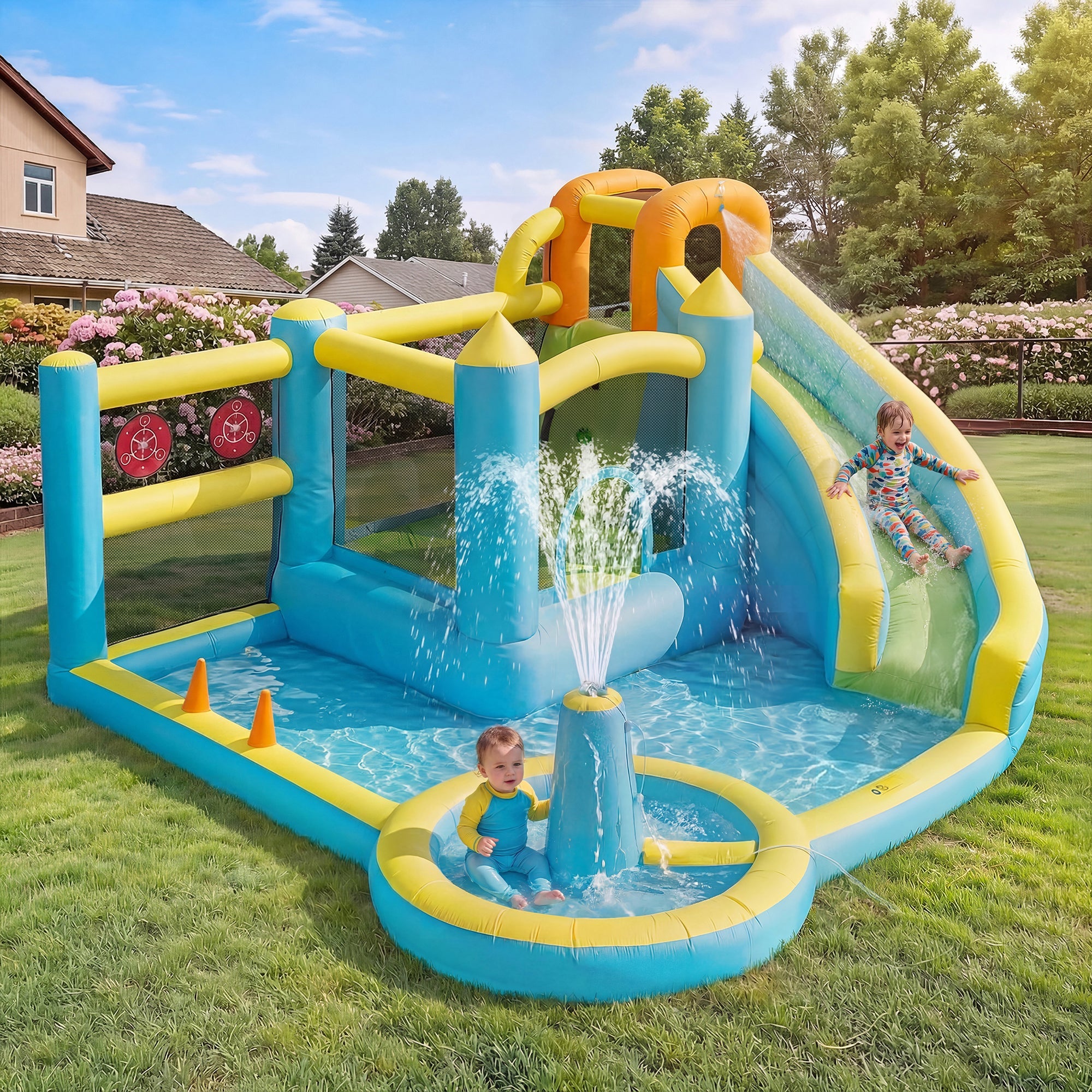 Children's Bouncy Castle Water Park with Slide, Pool and Blower, 430x390x210cm, Inflatable Multi-color