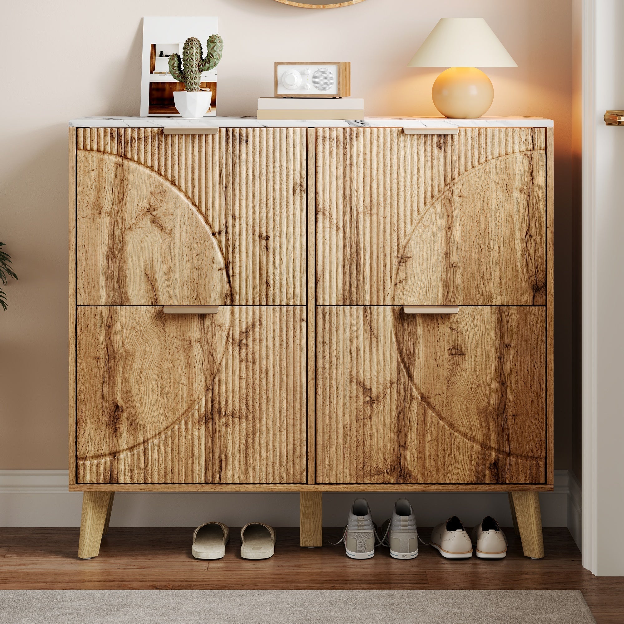 Shoe Cabinet with 4 Doors and Marble Look Worktop, Wood Look and Solid Wood Legs