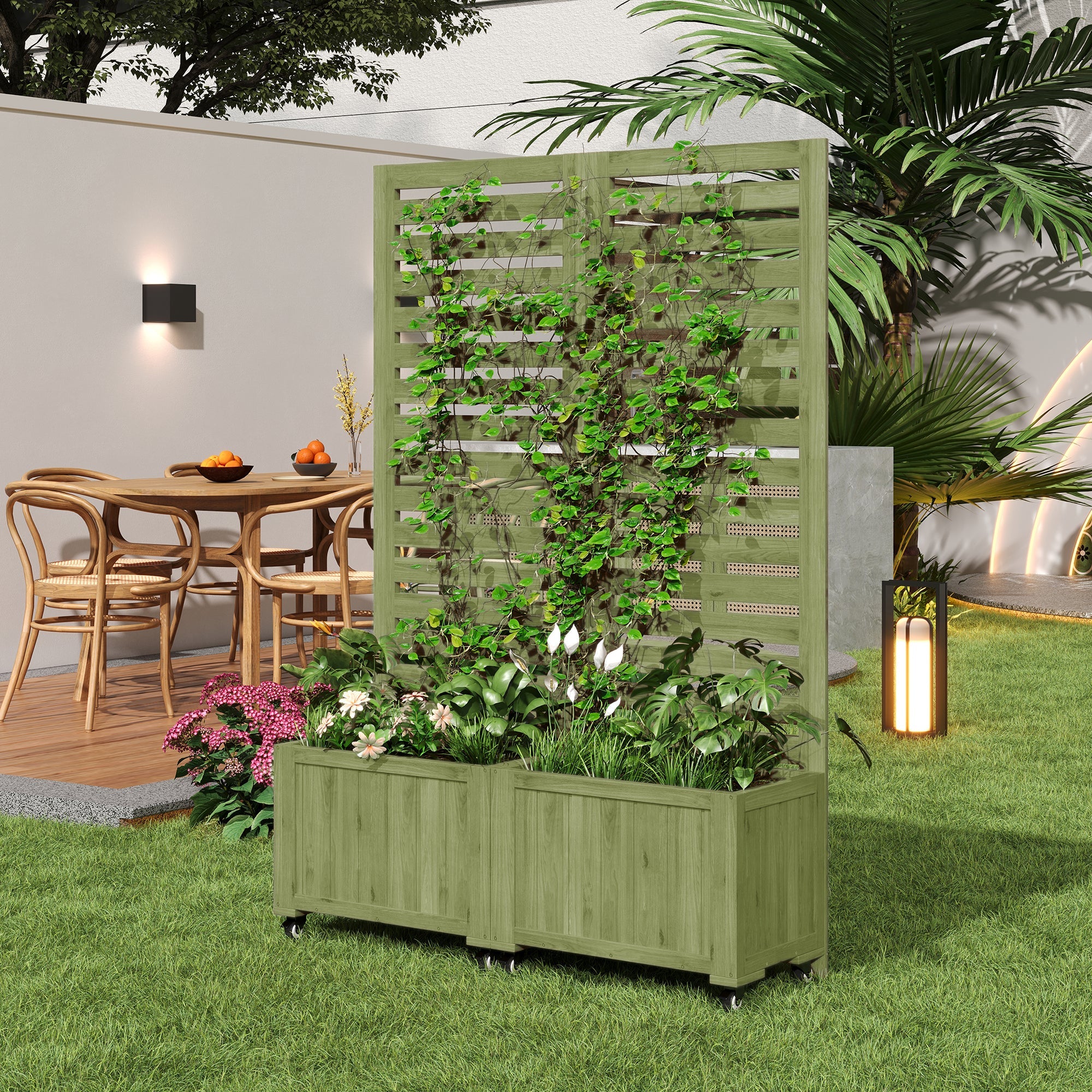 Outdoor Planter Box with Trellis and Folding Universal Wheels