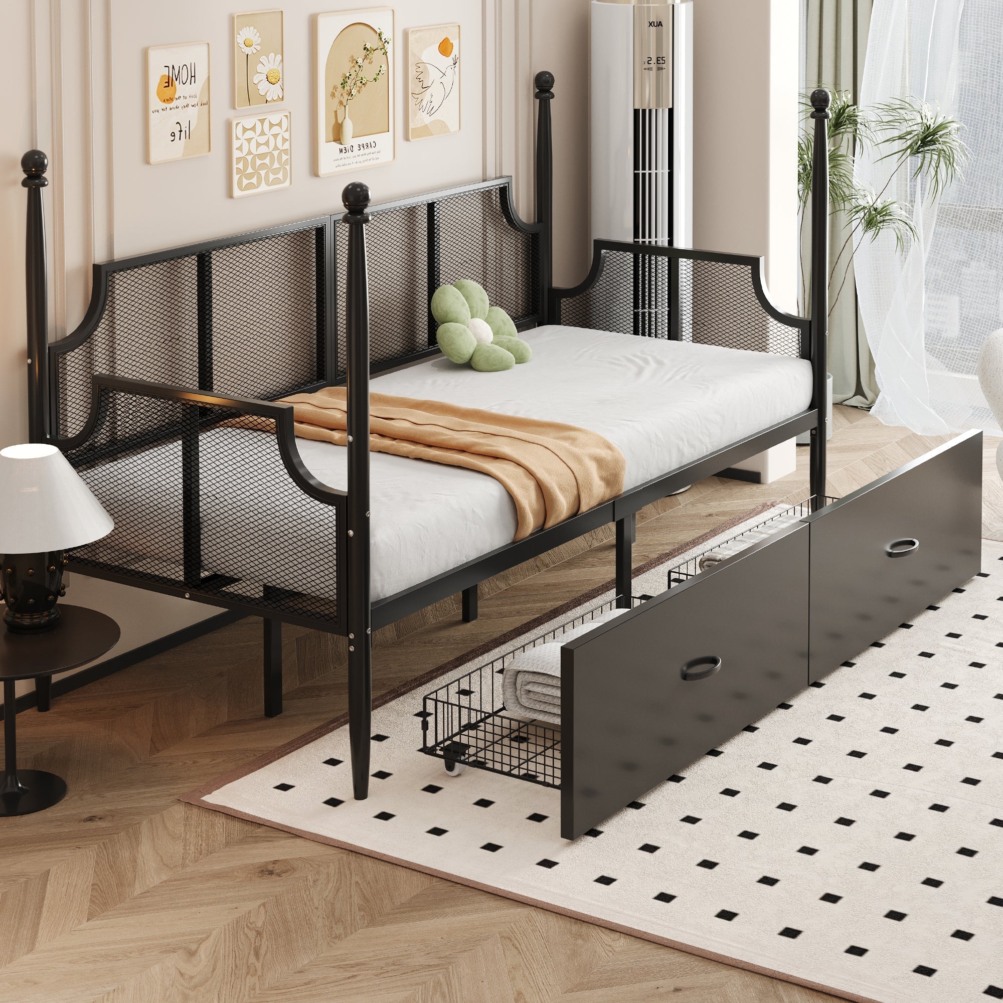 Iron Sofa Bed 90x200, Vintage Mesh with Storage, Black