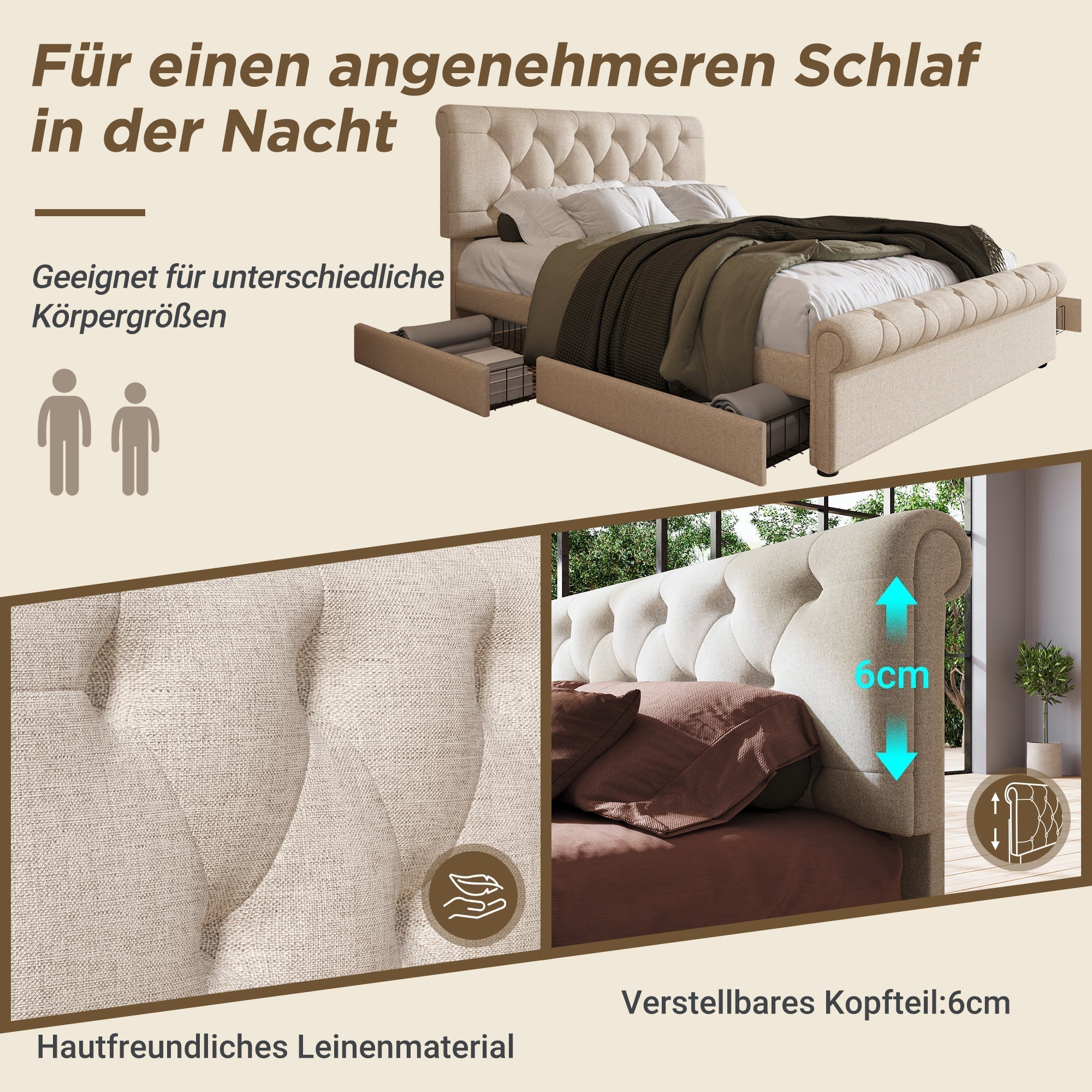 Double Upholstered Bed 140x200cm 4 Drawers Adjustable Headboard With Mattress - Natural