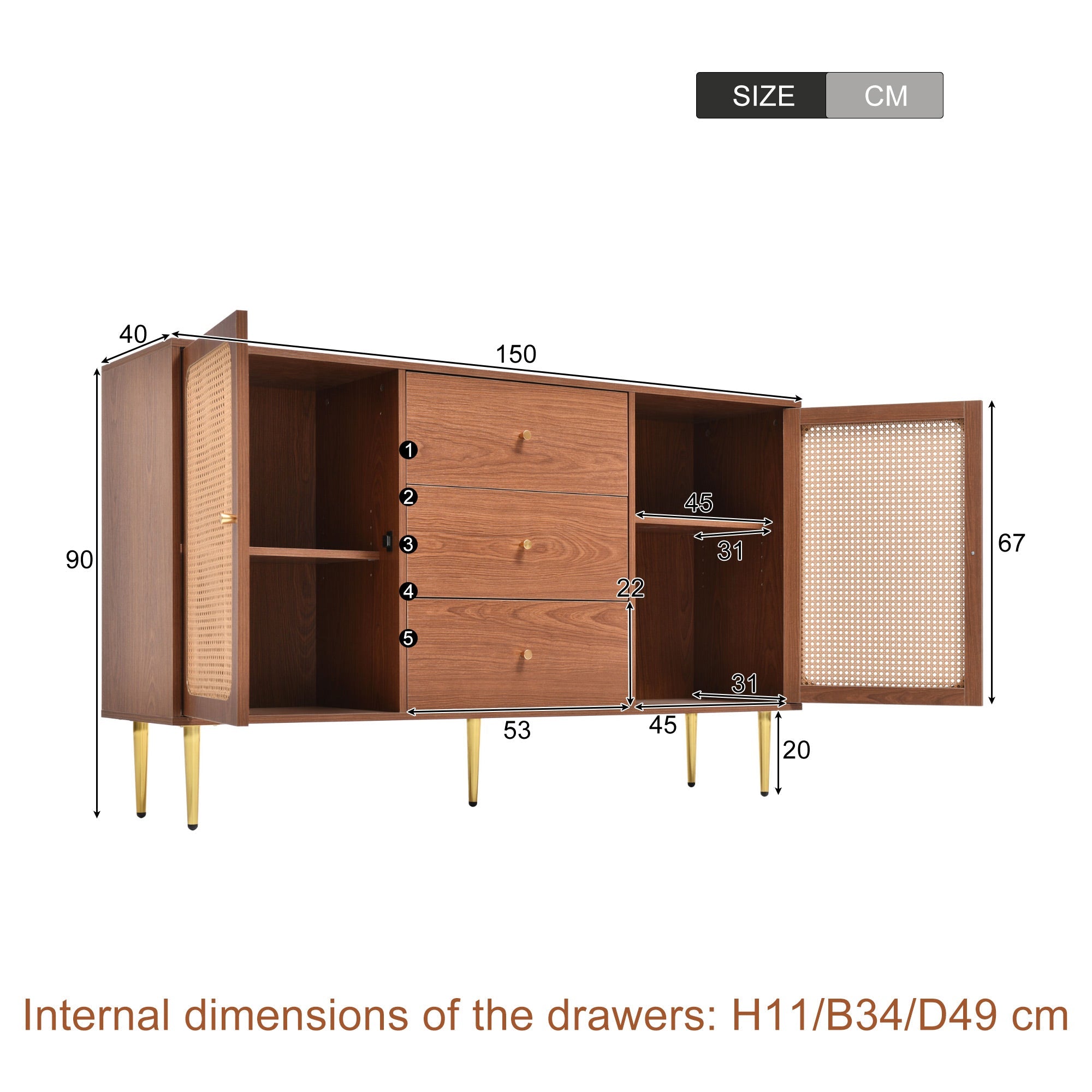 Rattan Sideboard Cabinet for Living Room, Chest of Drawers with 2 Doors and 3 Drawers, Adjustable Shelf, Walnut