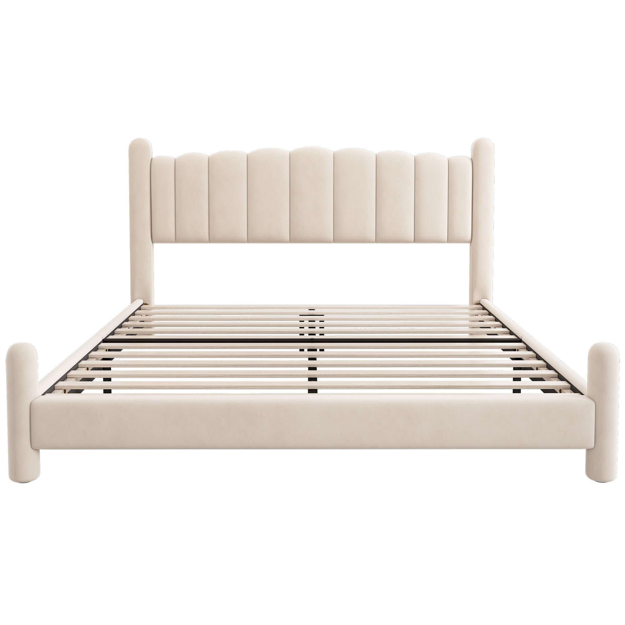Upholstered Bed 180x200cm Slatted Base Fan-Shaped Headboard Beige Velvet