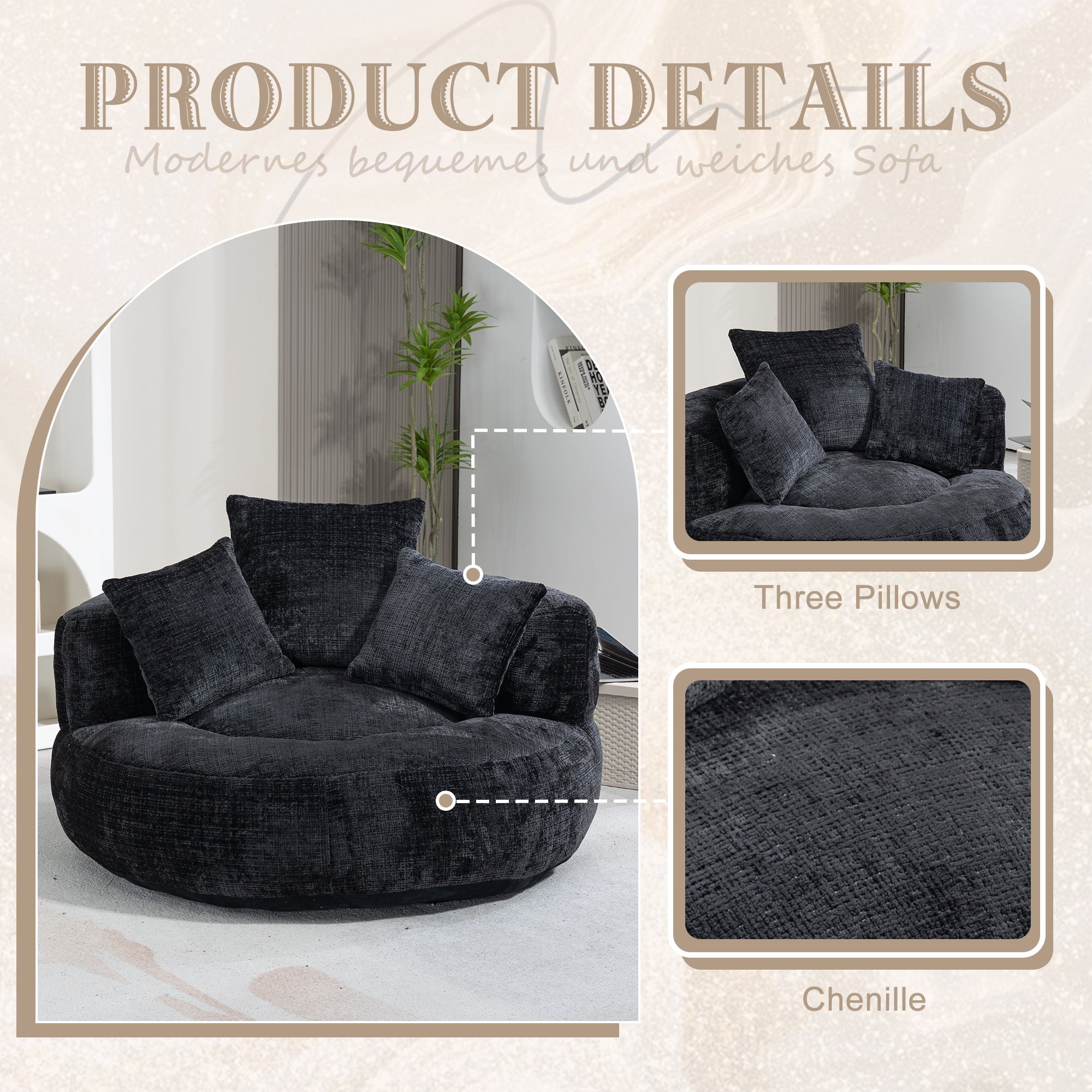 COOLMORE Lazy Sofa Durable Comfort Lounger High Back Bean Bag Chair Couch with Three Pillows, Black Chenille