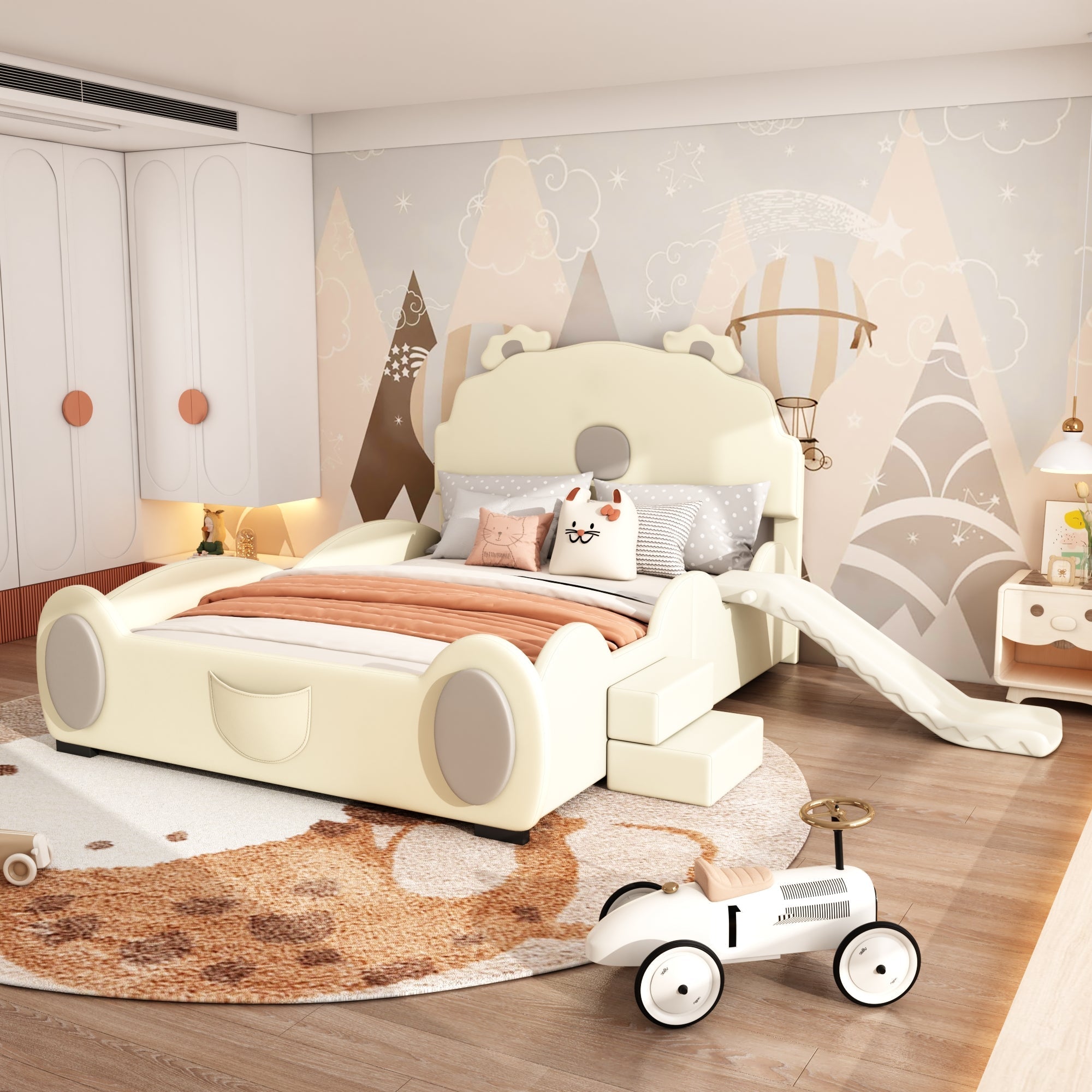 Bear Cartoon Bed for Children with Slide and Ladder, 140x200cm, Beige PU Leather