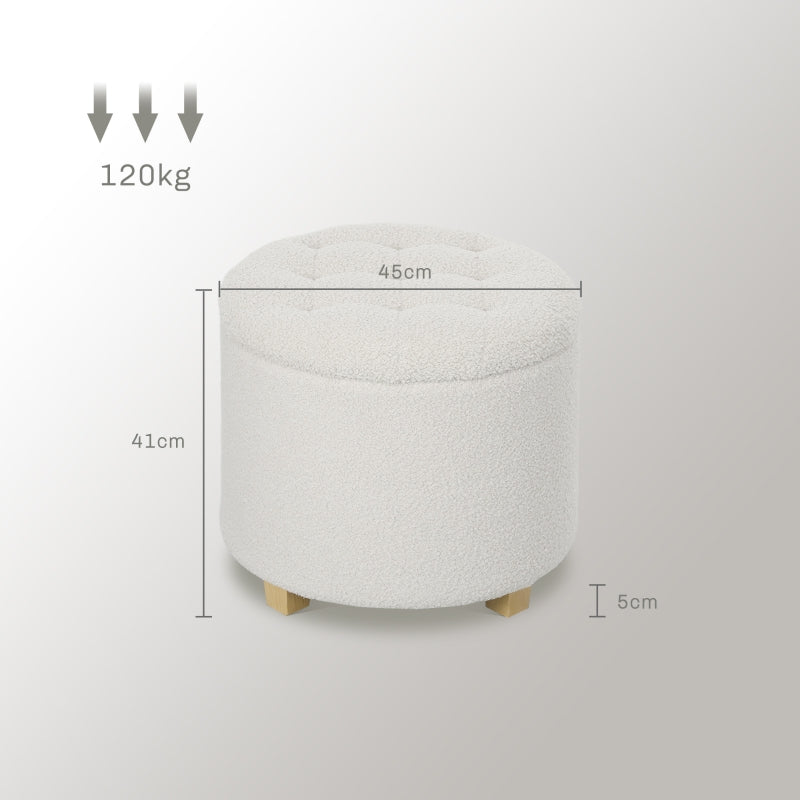 Stool with Storage Space, Round Footstool, Wooden Legs, White