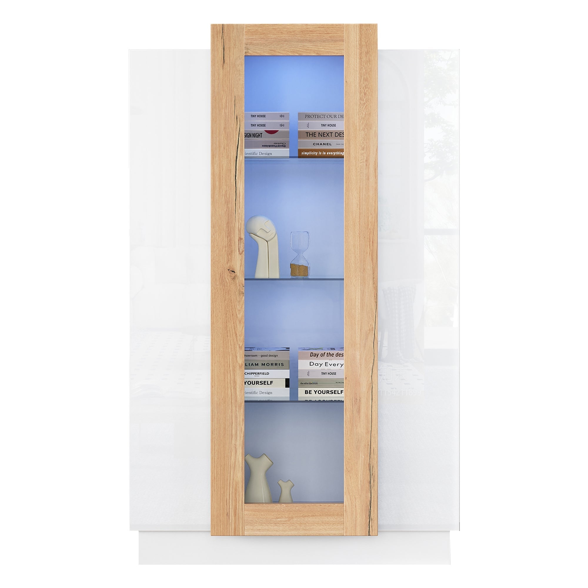 Living Room Cabinet, 3-Door High-Gloss LED Display, Glass Shelves & Drawer, Transparent