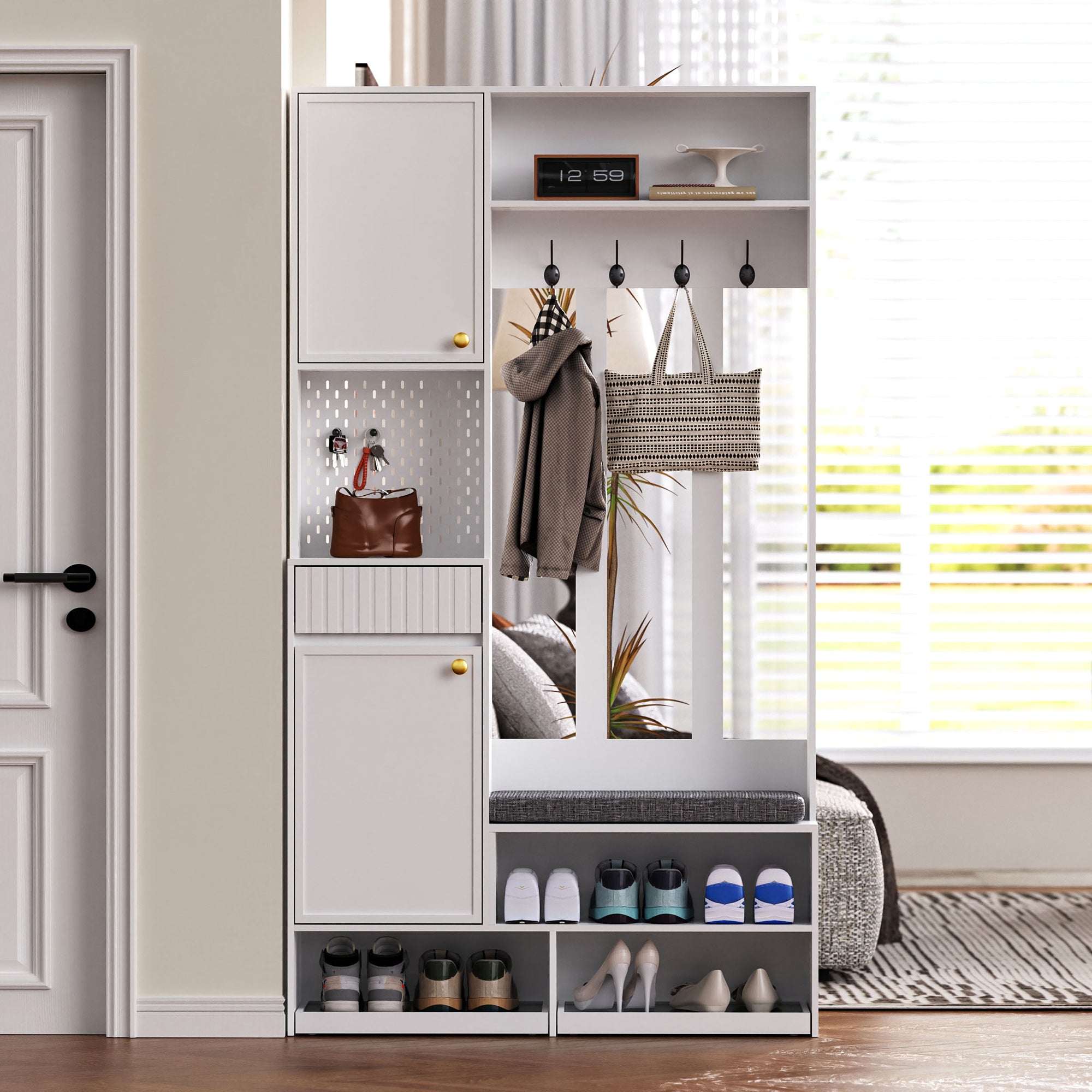 Wardrobe set, complete hallway with bench, 4 hooks, doors & drawers - white